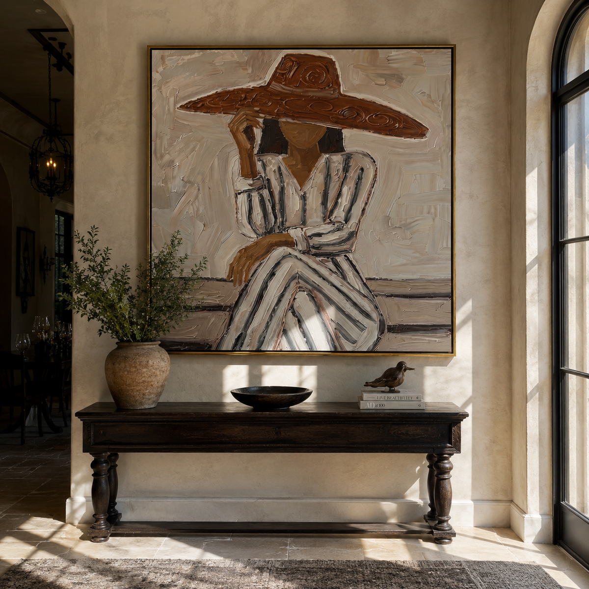 Striped Dress Meets Sun presented above a contemporary console