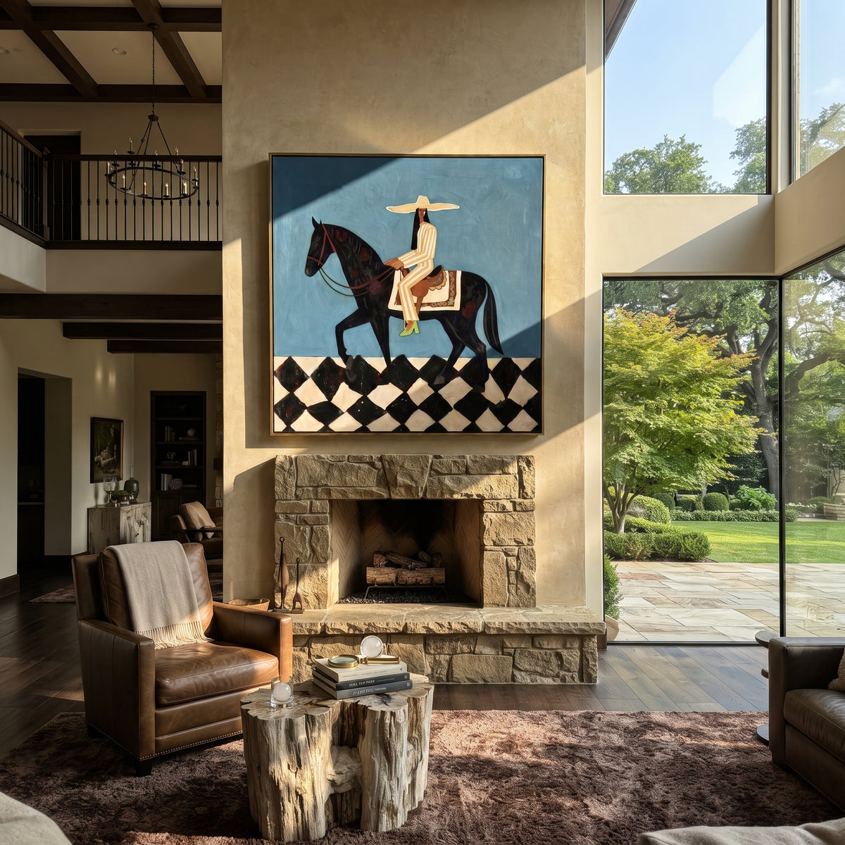 Teal Rider Crosses Checkers displayed in a warm contemporary interior