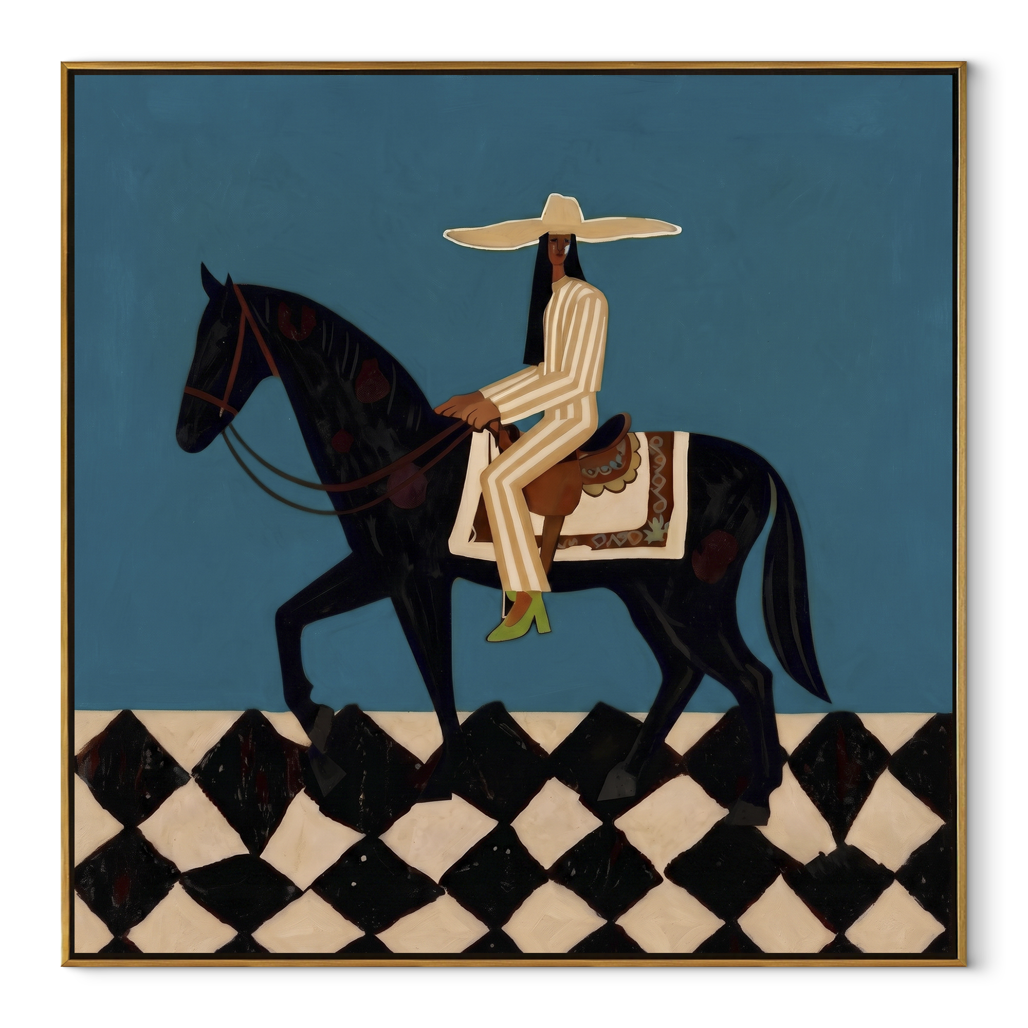 Teal Rider Crosses Checkers textured figurative painting, square canvas artwork
