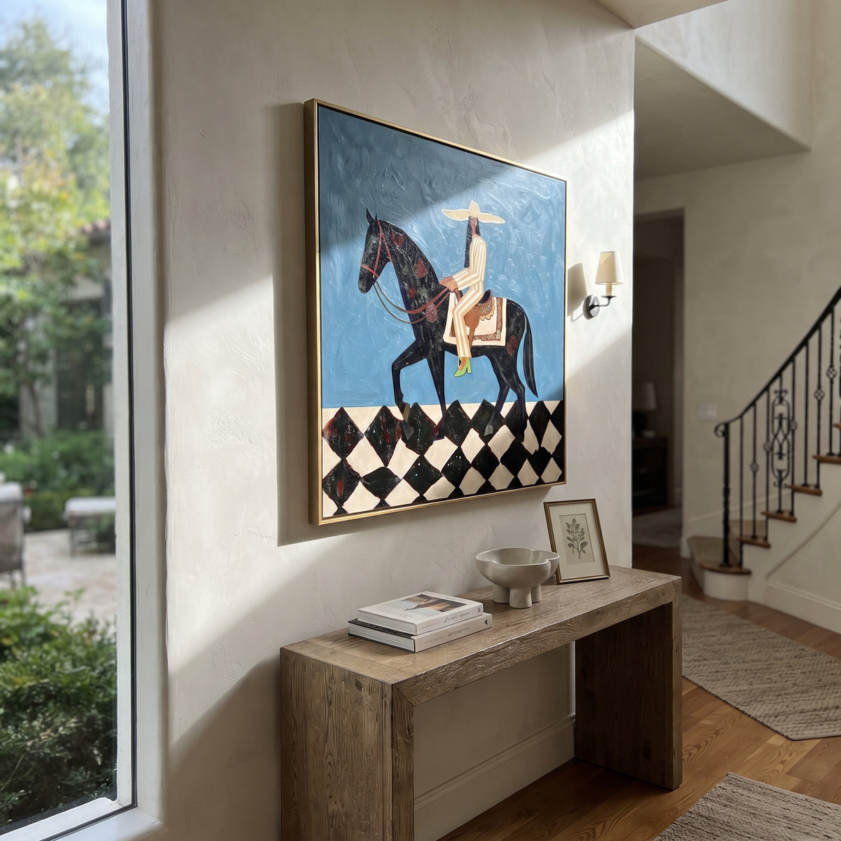 Teal Rider Crosses Checkers styled in a layered residential interior