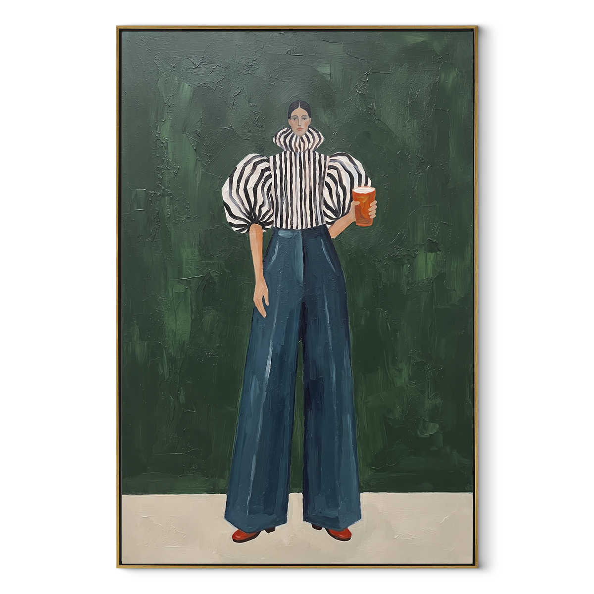 Blue Trousers Keep Rhythm textured figurative painting, vertical canvas artwork
