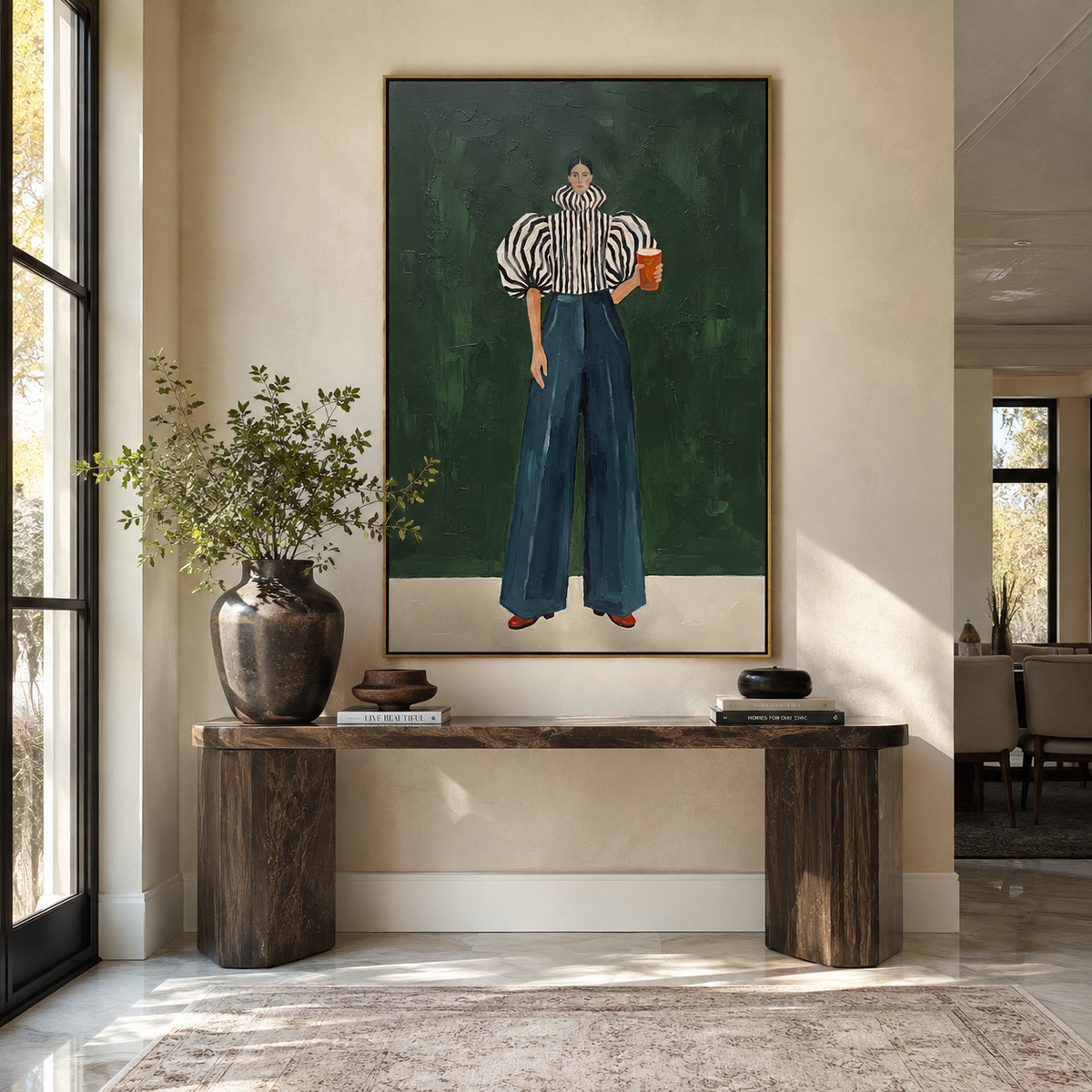 Blue Trousers Keep Rhythm styled with neutral modern furnishings