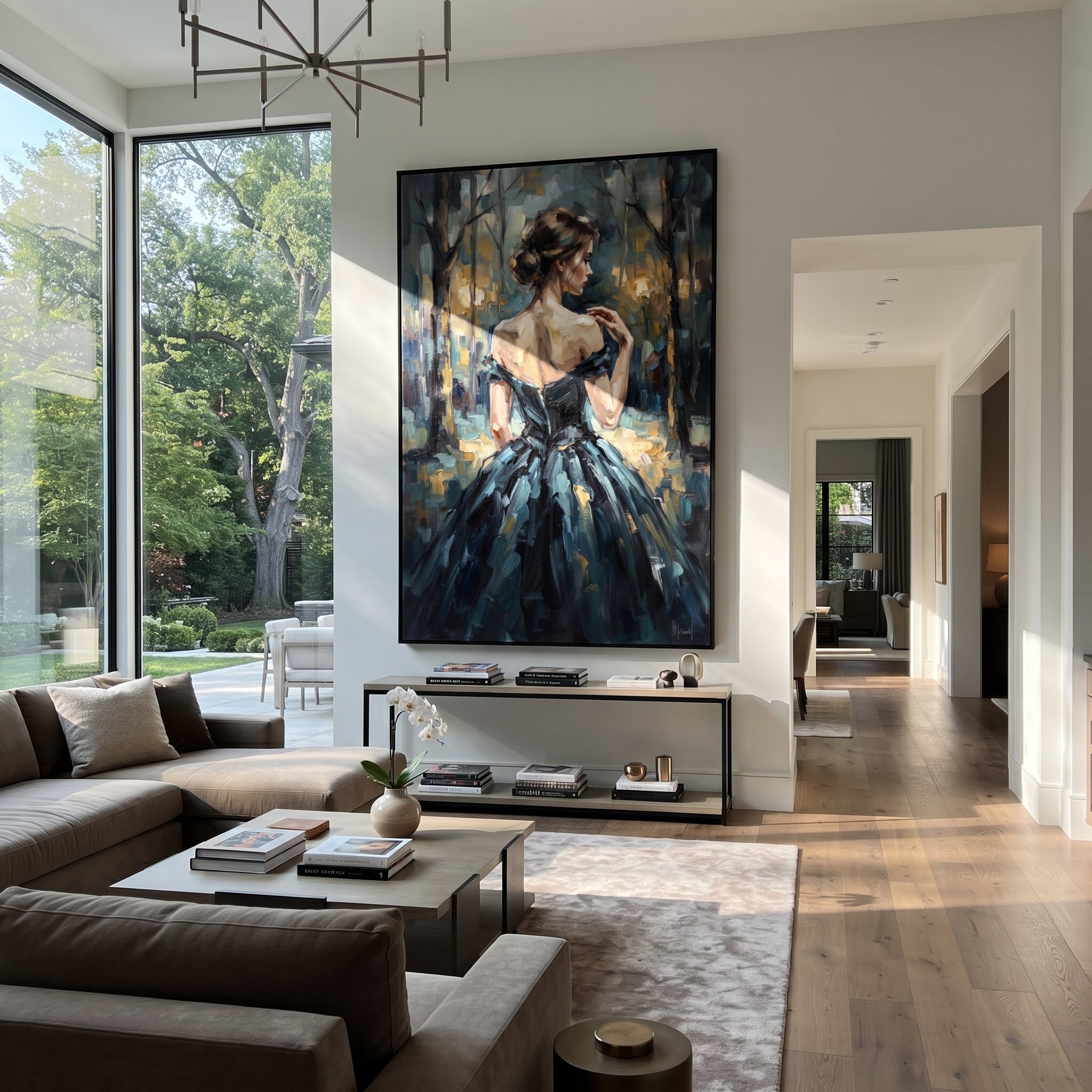 Midnight Dress Learns Motion displayed in a warm contemporary interior