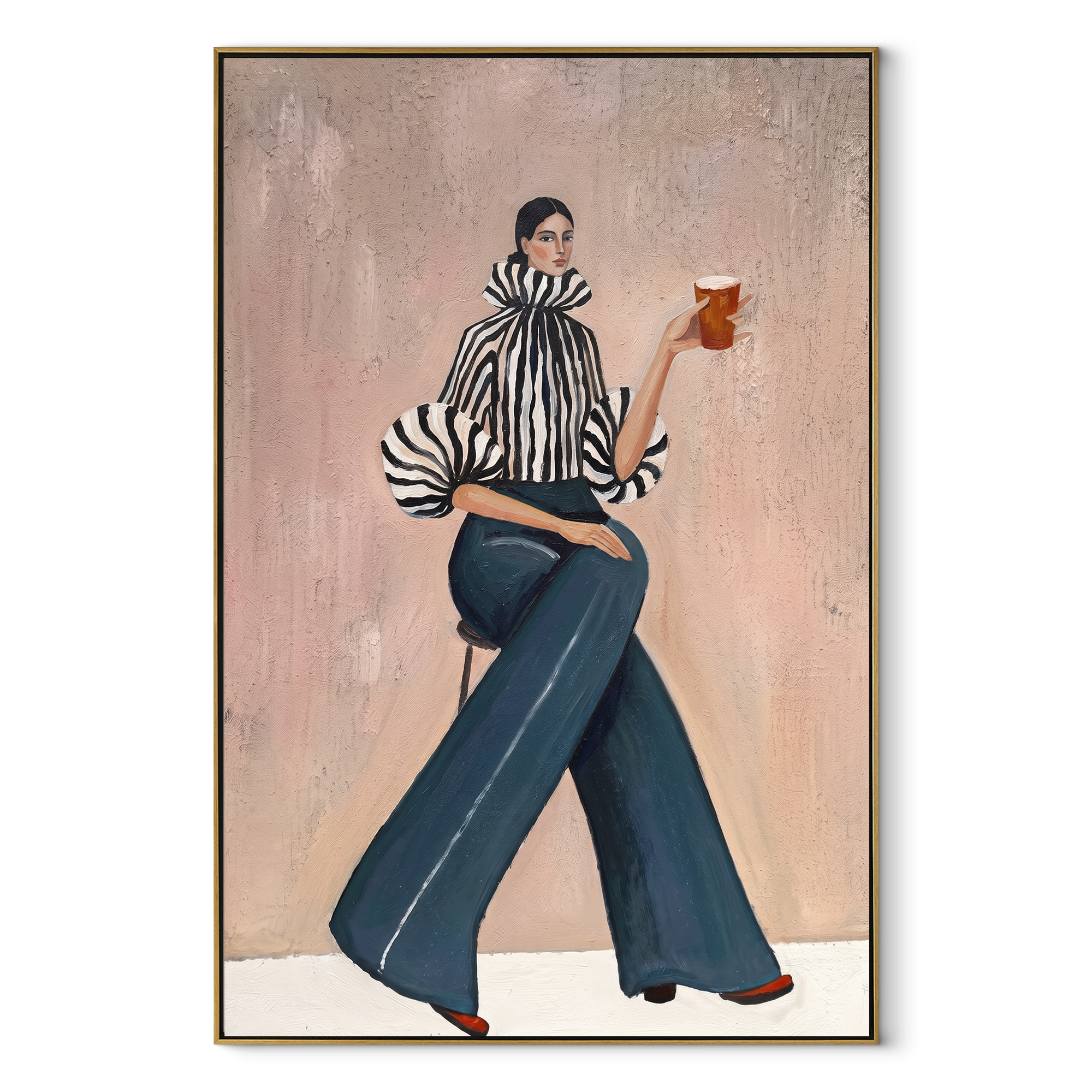 Long Trousers Hold Poise textured figurative painting, vertical canvas artwork