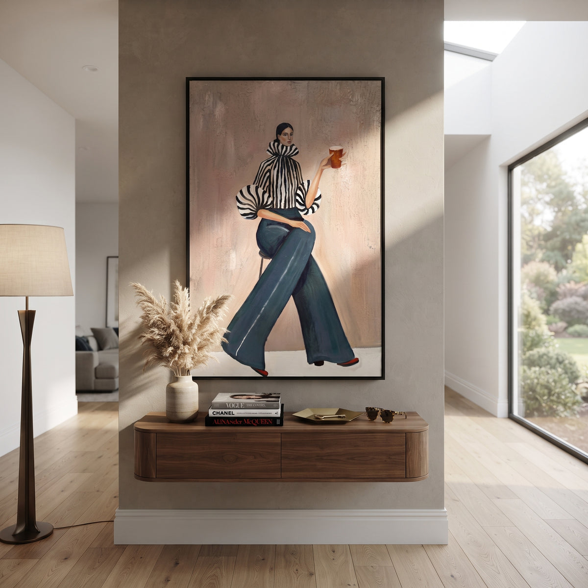Long Trousers Hold Poise styled with neutral modern furnishings