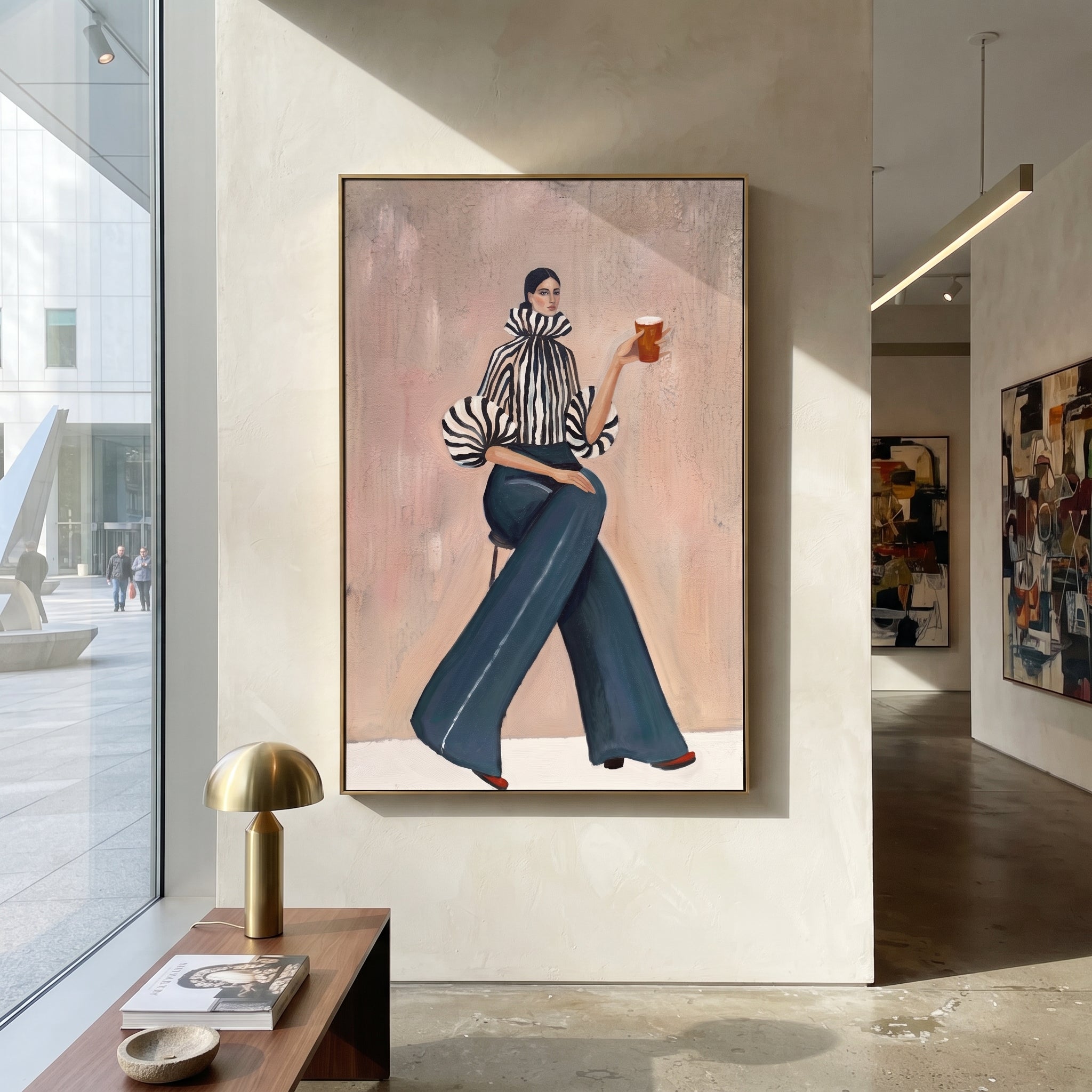 Long Trousers Hold Poise presented above a contemporary console