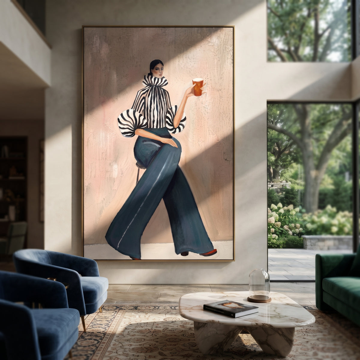 Long Trousers Hold Poise styled in a layered residential interior