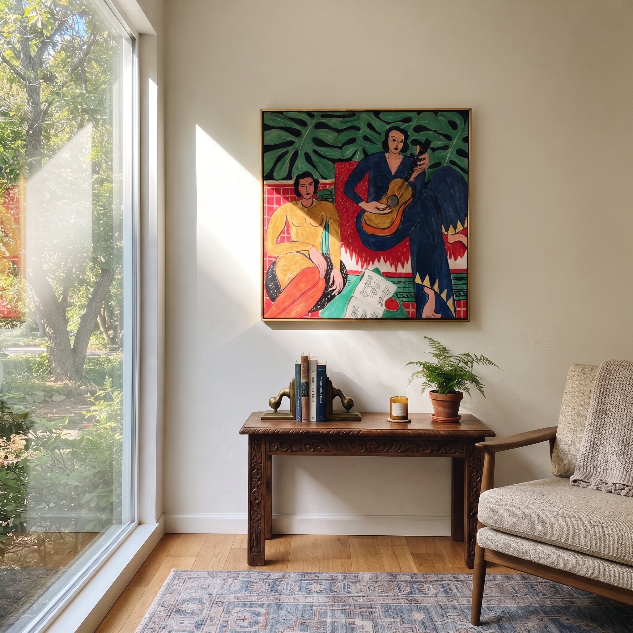 Three Figures Trade Color presented above a contemporary console