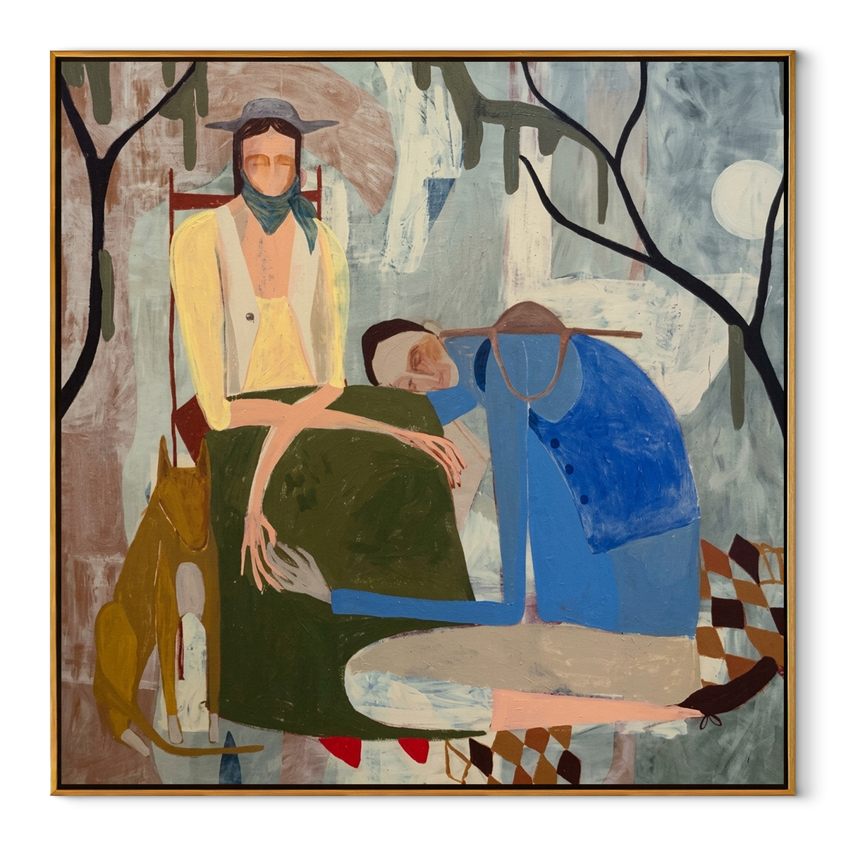 Branches Shelter Her Rest textured figurative painting, square canvas artwork