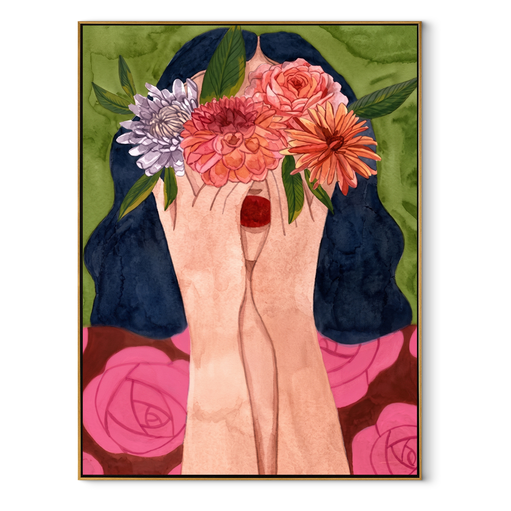 Flowers Become Her Face textured figurative painting, vertical canvas artwork