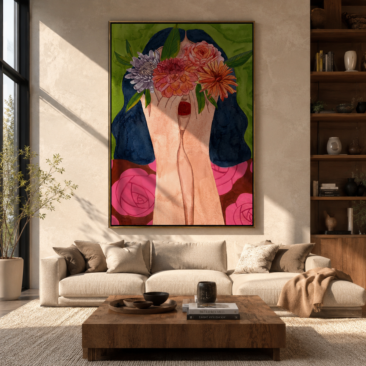 Flowers Become Her Face styled with neutral modern furnishings