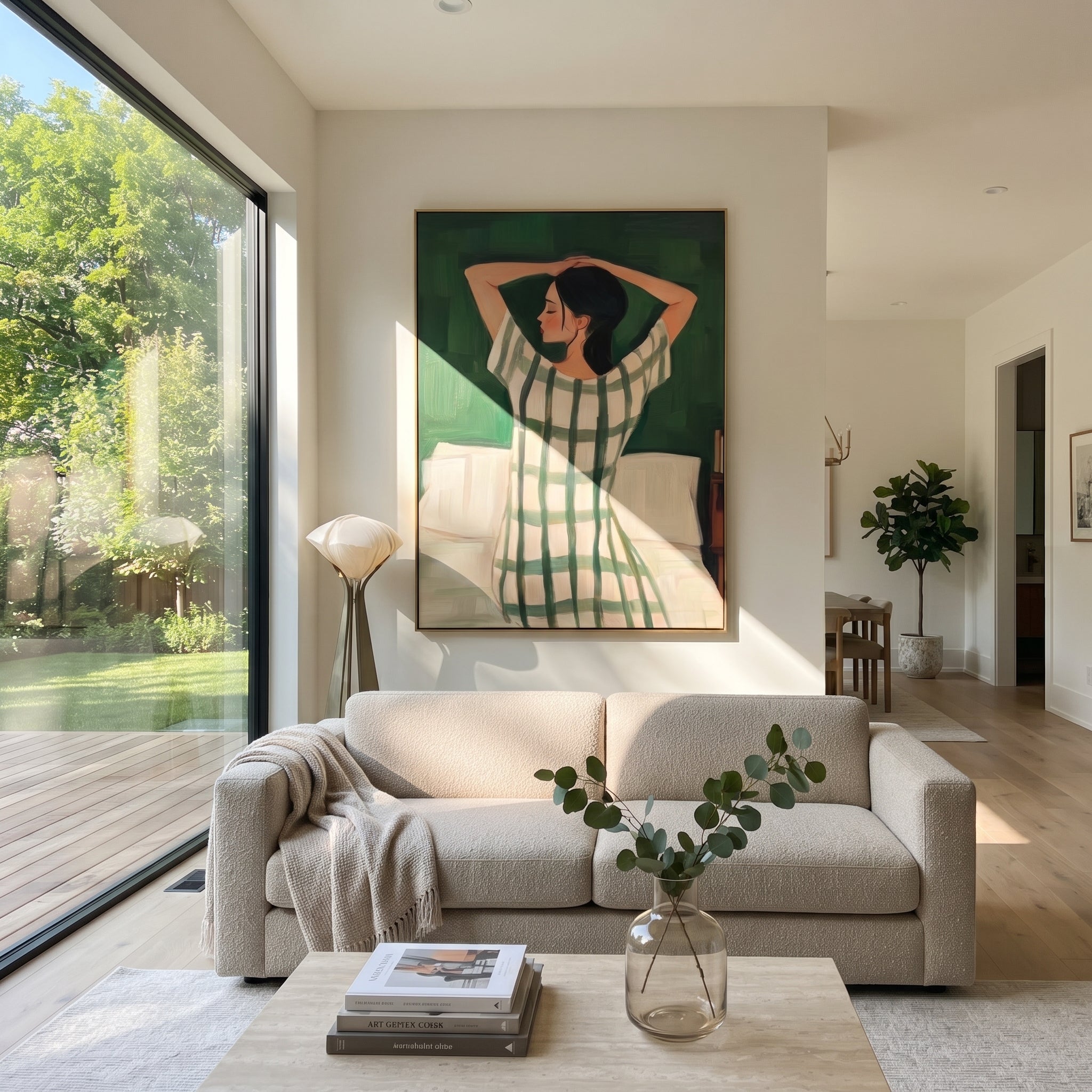 Green Dress Greets Morning displayed in a warm contemporary interior