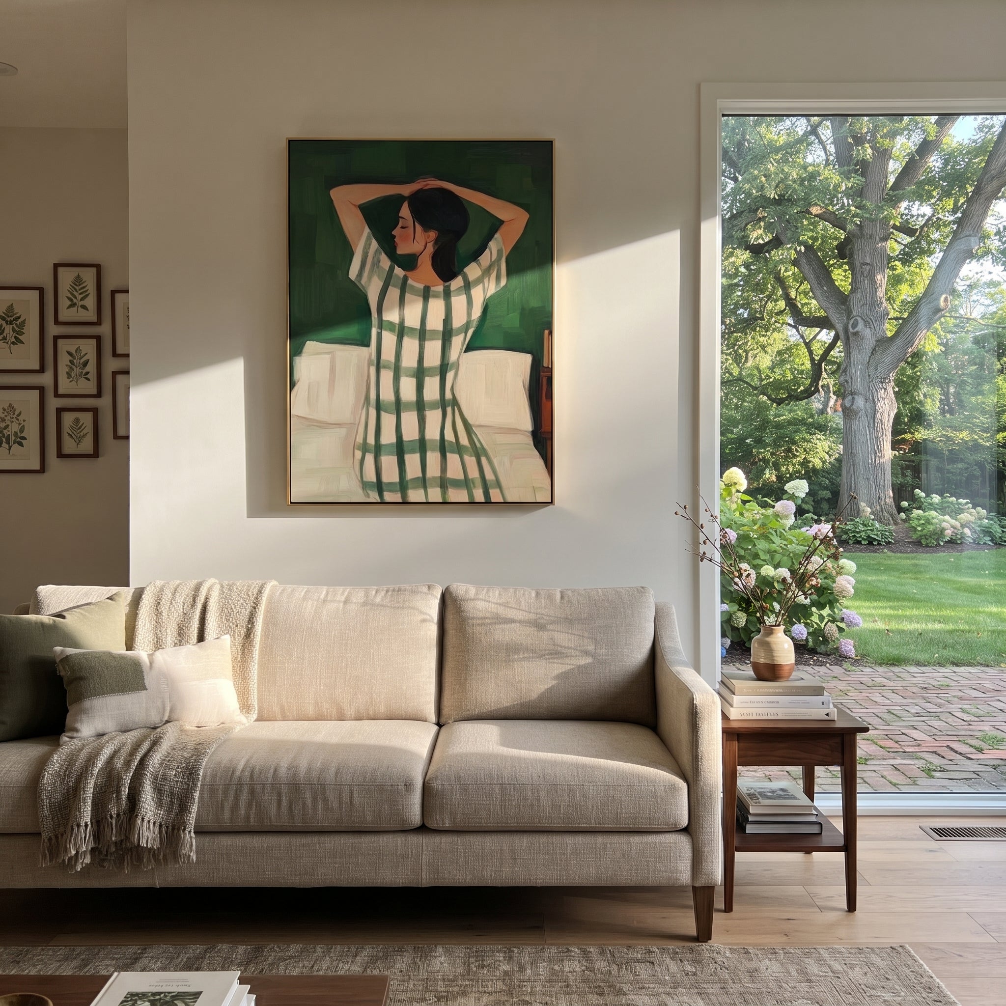 Green Dress Greets Morning styled with neutral modern furnishings