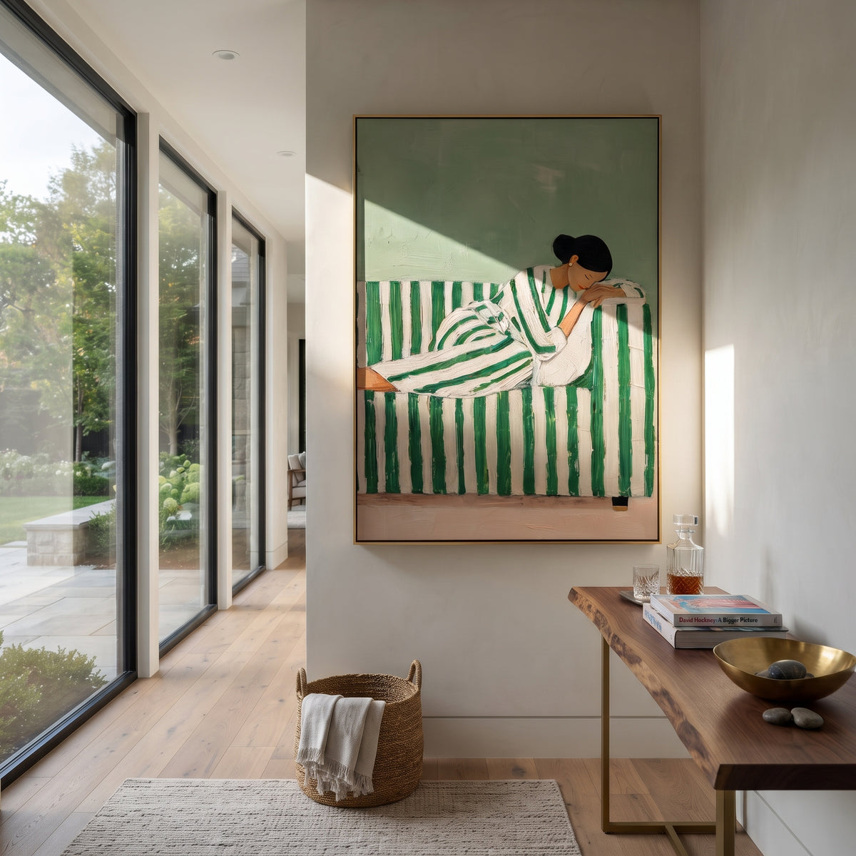Stripes Cradle Quiet Reading presented above a contemporary console