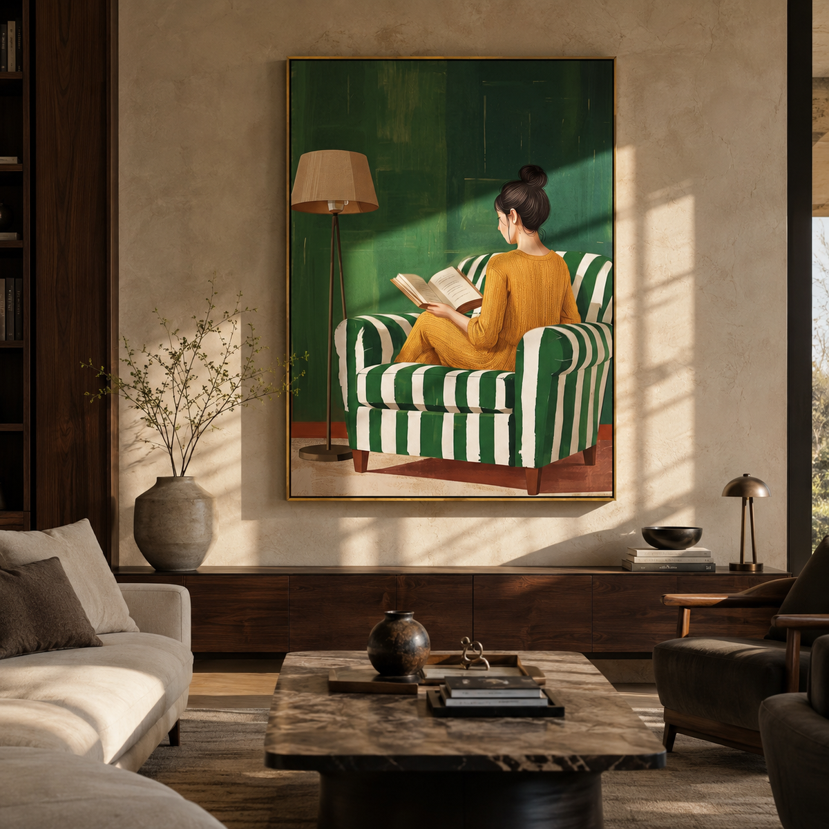 Pages Rest Against Green presented above a contemporary console