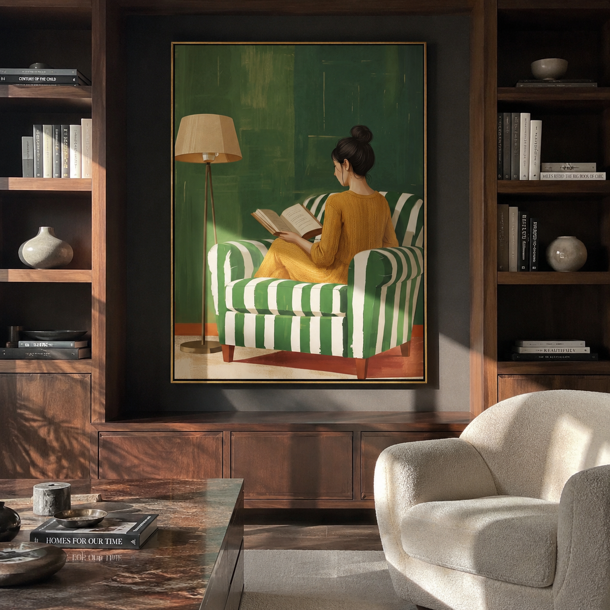 Pages Rest Against Green displayed as a Retro Modern room focal point