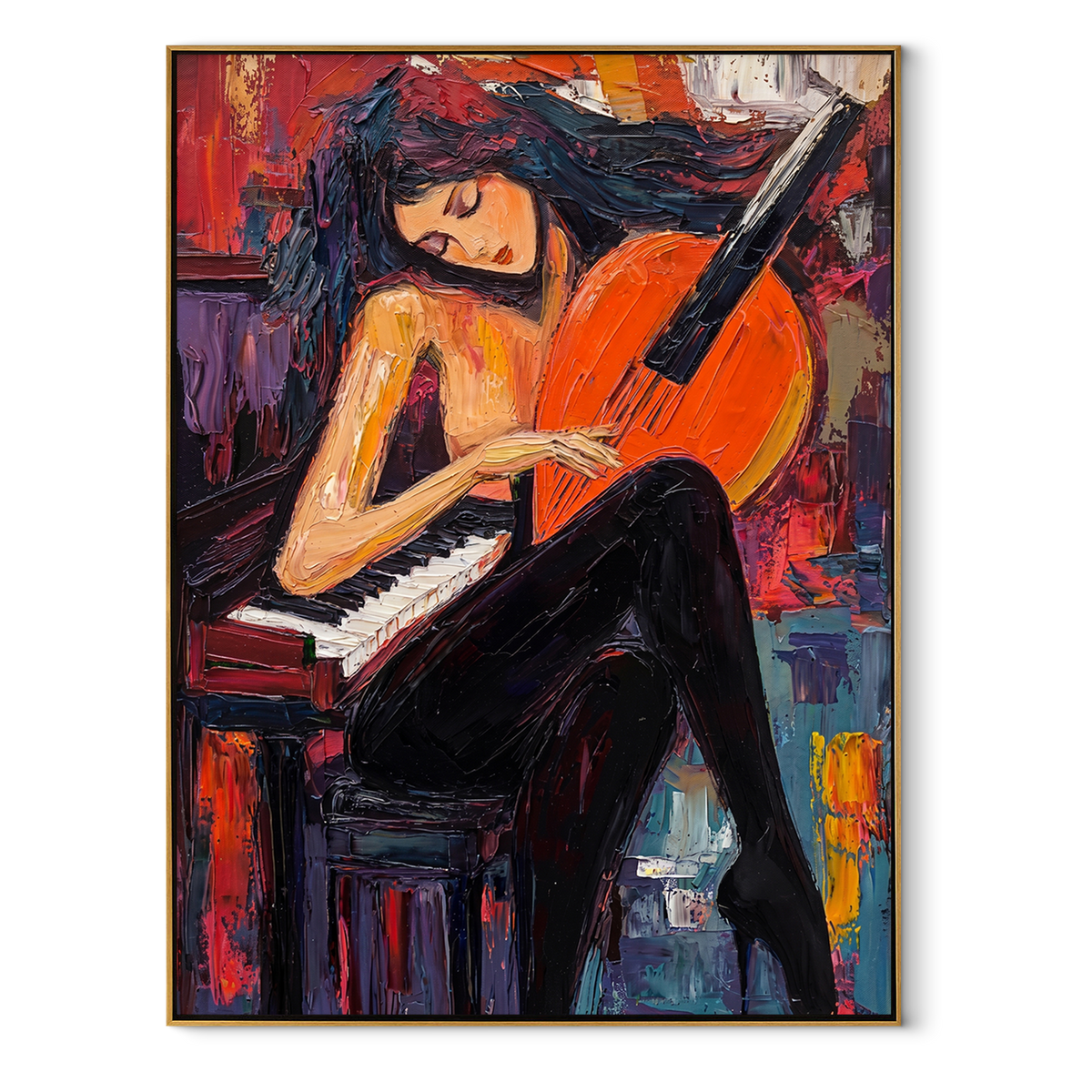 Cello Leans Into Piano textured figurative painting, vertical canvas artwork