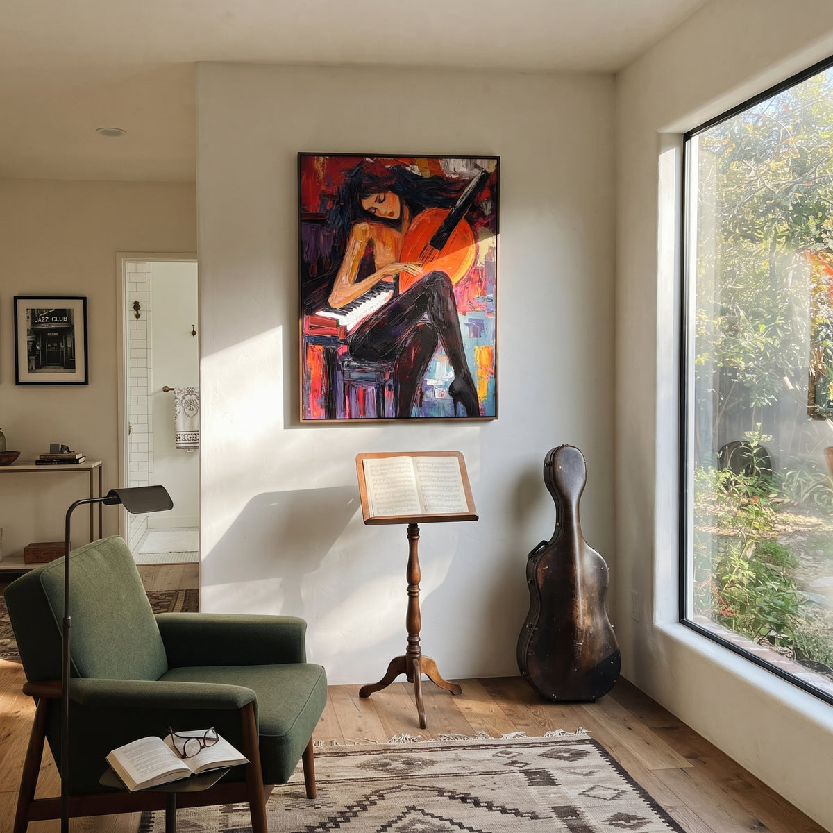 Cello Leans Into Piano styled with neutral modern furnishings