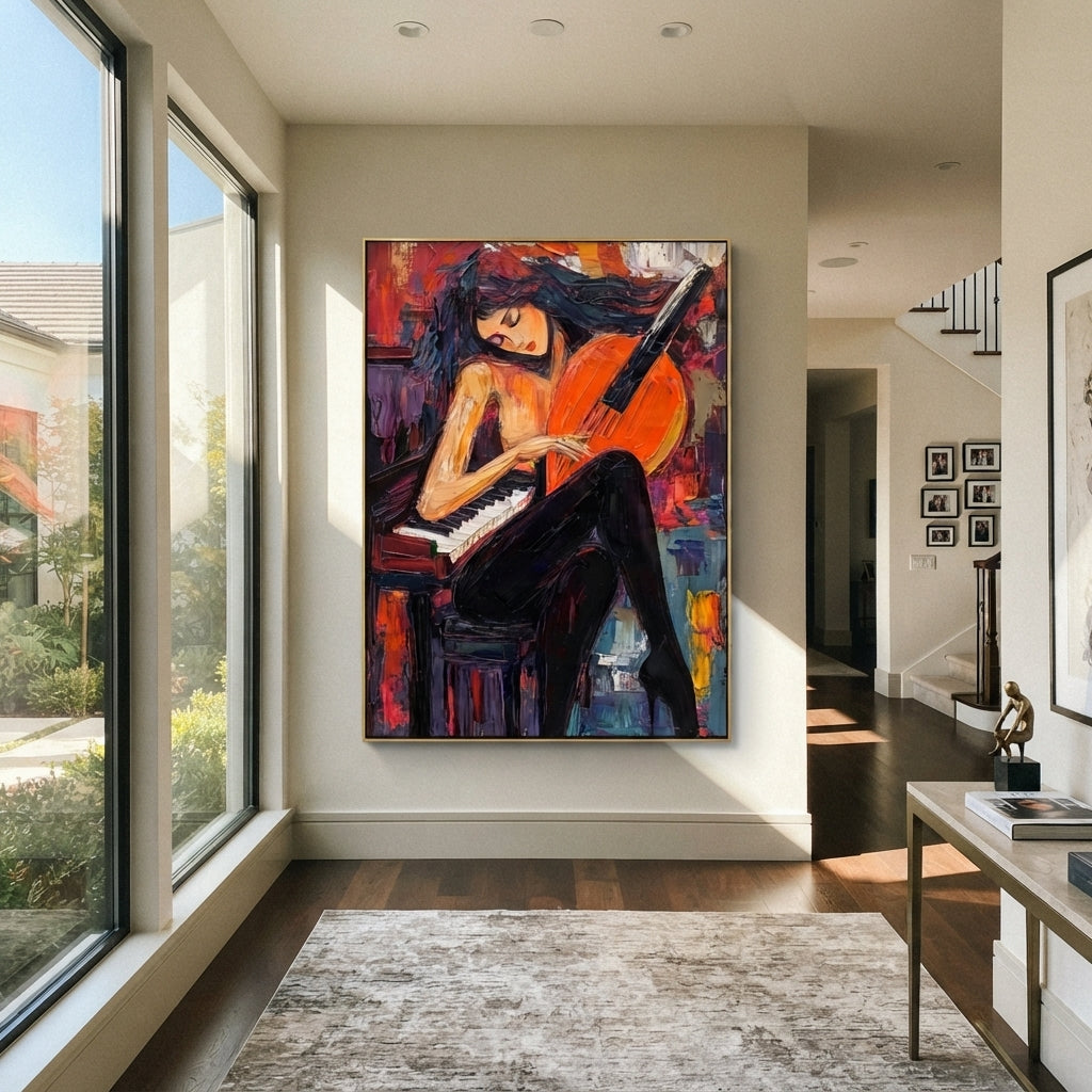 Cello Leans Into Piano displayed as a Retro Modern room focal point