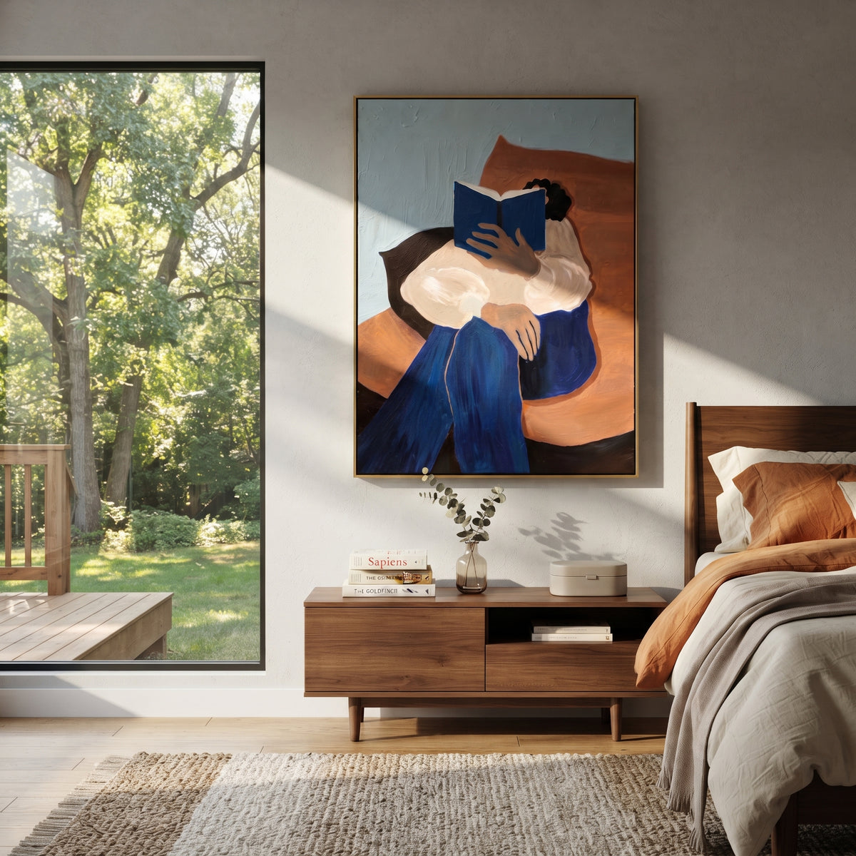 Blue Cushions Gather Her presented above a contemporary console