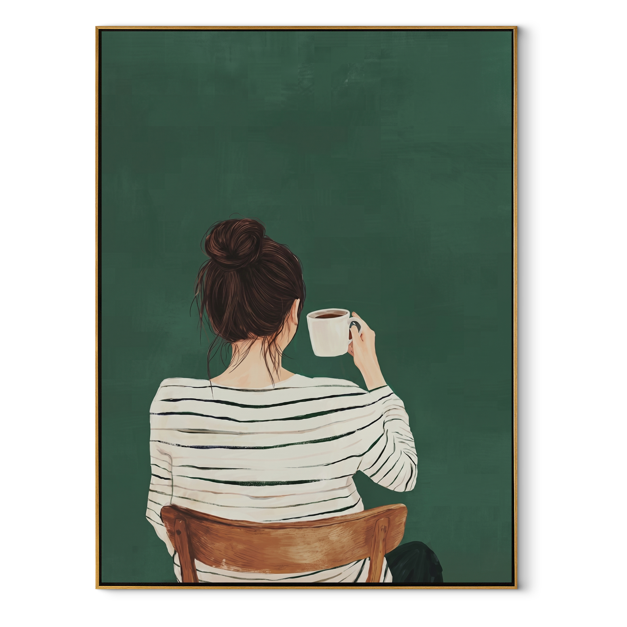 Coffee Faces Green Morning textured figurative painting, vertical canvas artwork