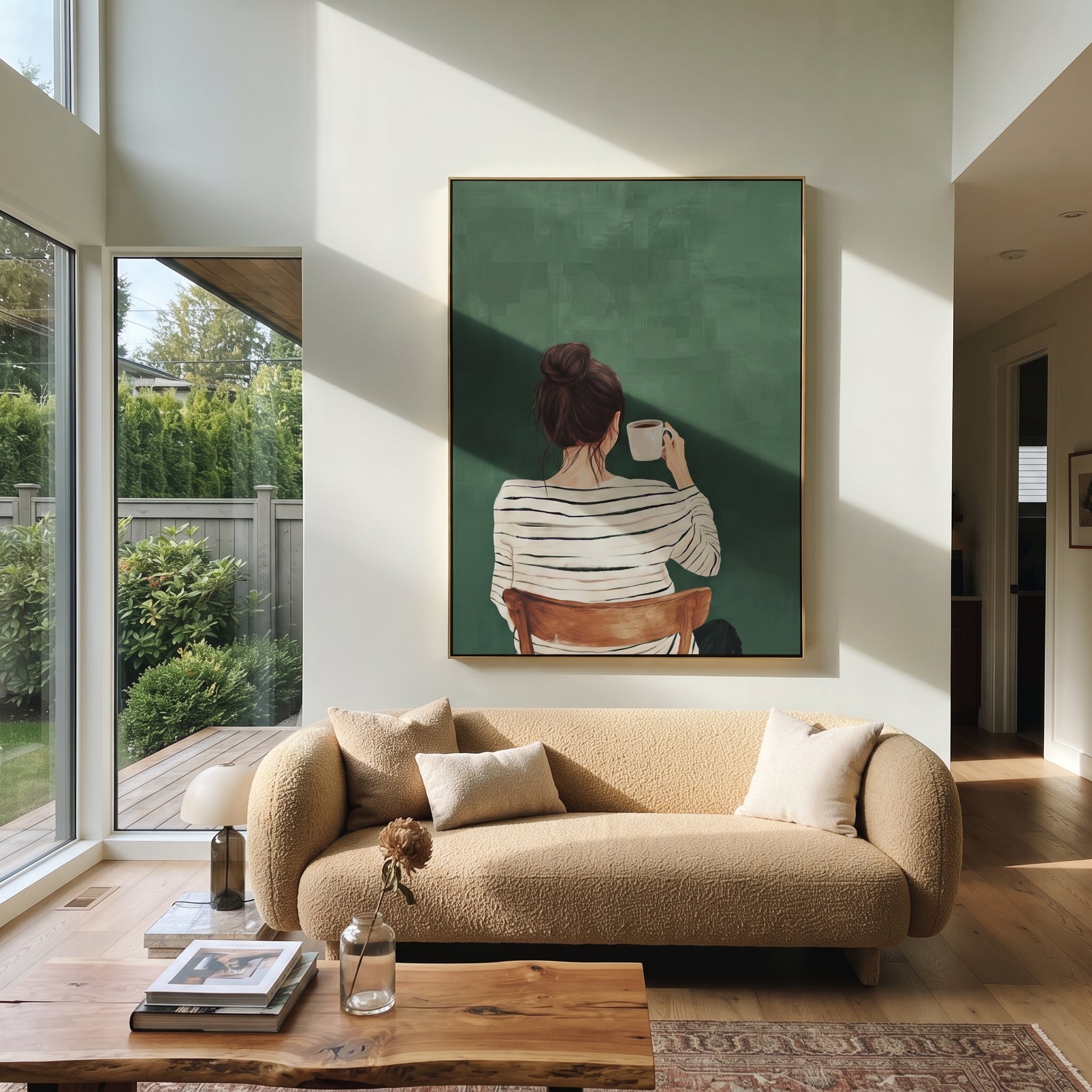 Coffee Faces Green Morning styled with neutral modern furnishings