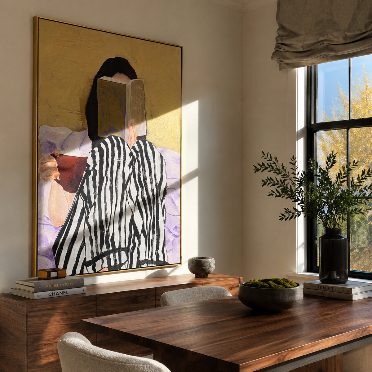 Stripes Turn Toward Mustard displayed in a warm contemporary interior
