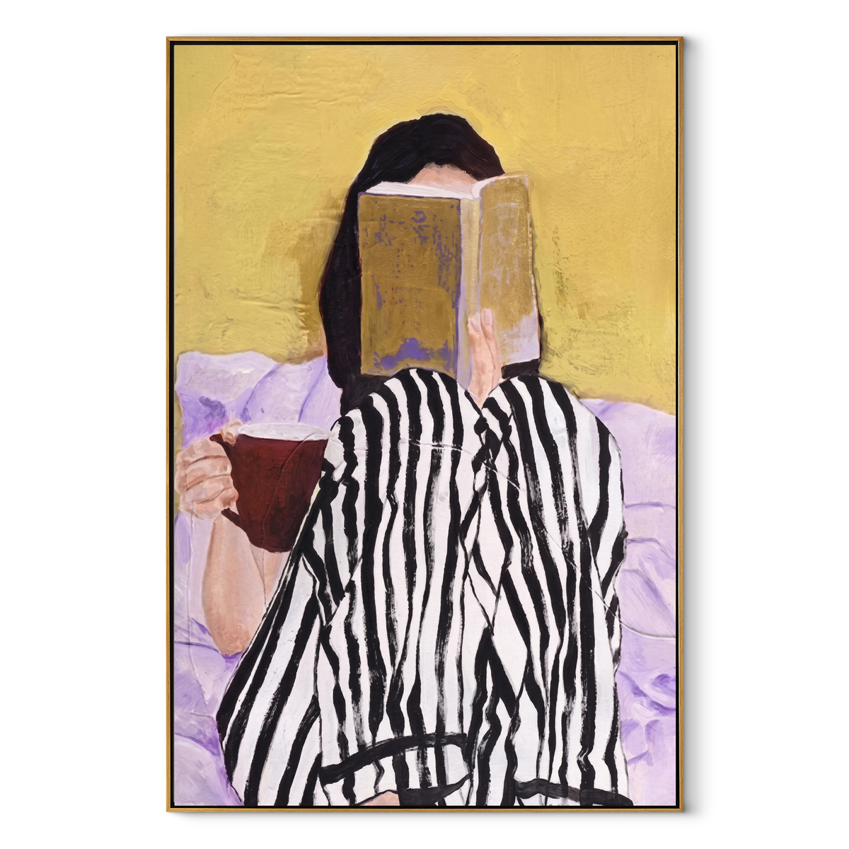 Stripes Turn Toward Mustard textured figurative painting, vertical canvas artwork