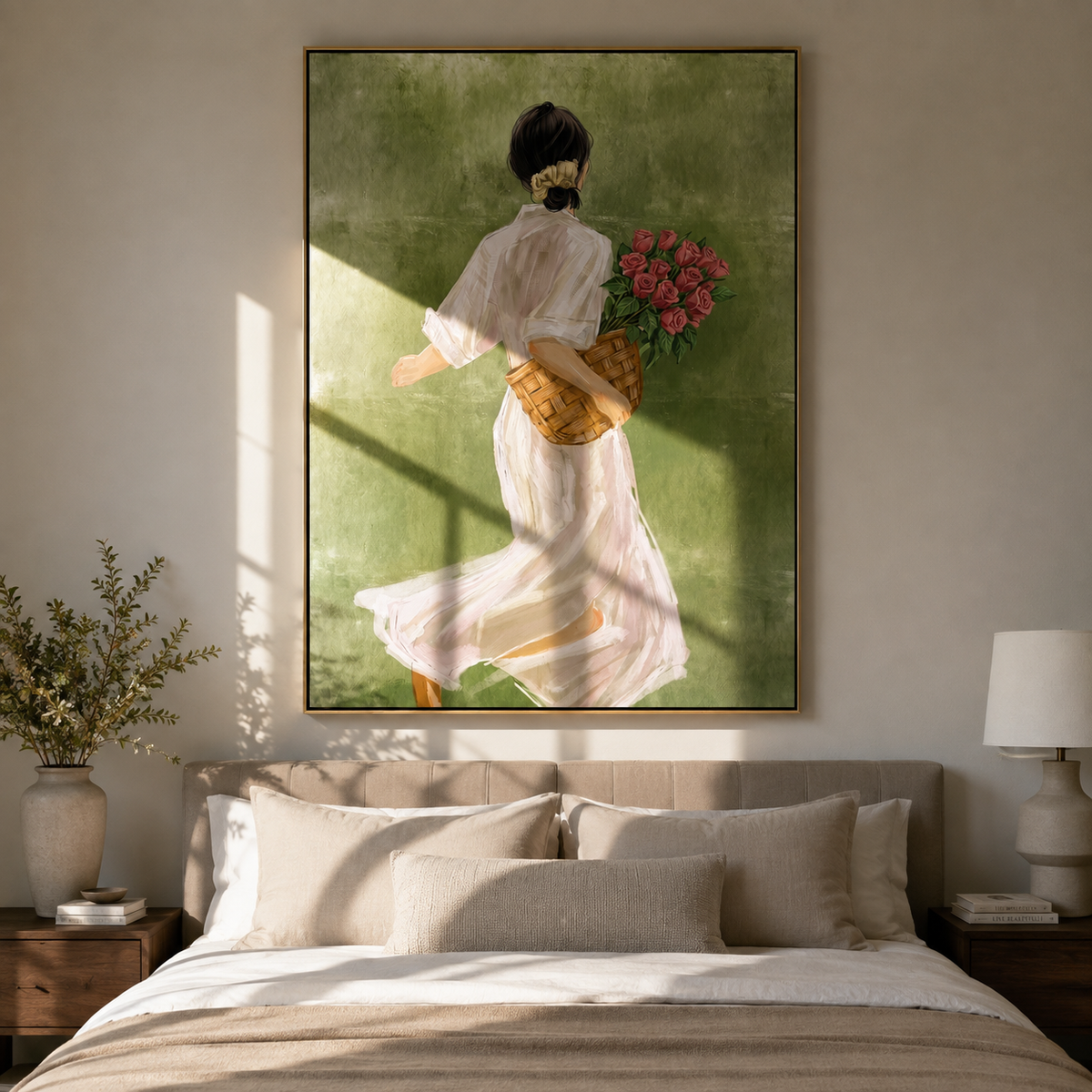 Red Flowers Follow Home displayed in a warm contemporary interior