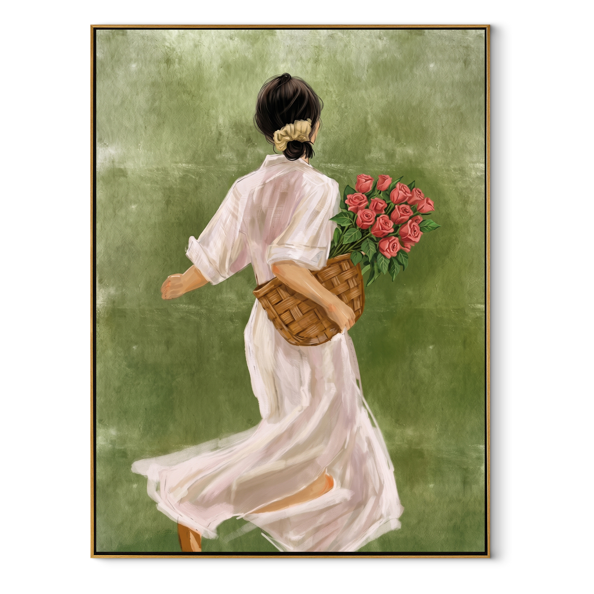 Red Flowers Follow Home textured figurative painting, vertical canvas artwork
