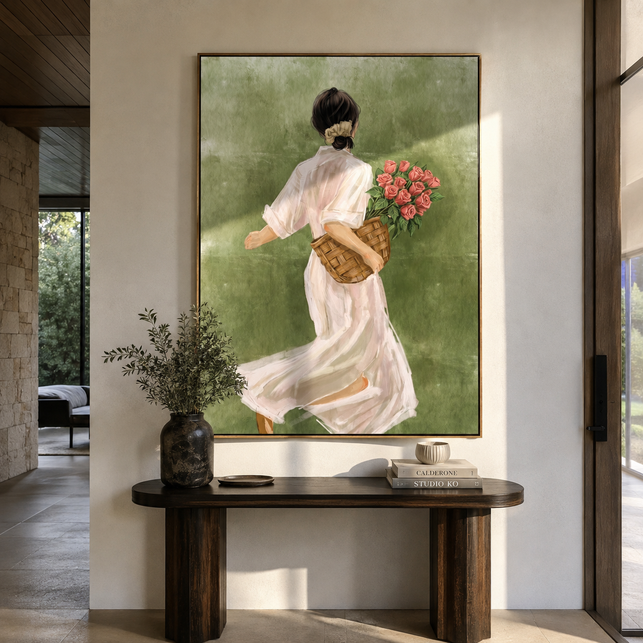 Red Flowers Follow Home styled with neutral modern furnishings
