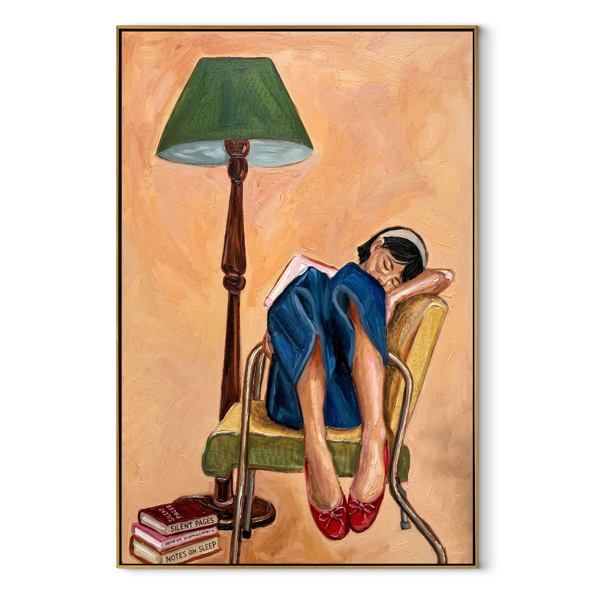 Lamp Watches Her Bend textured figurative painting, vertical canvas artwork