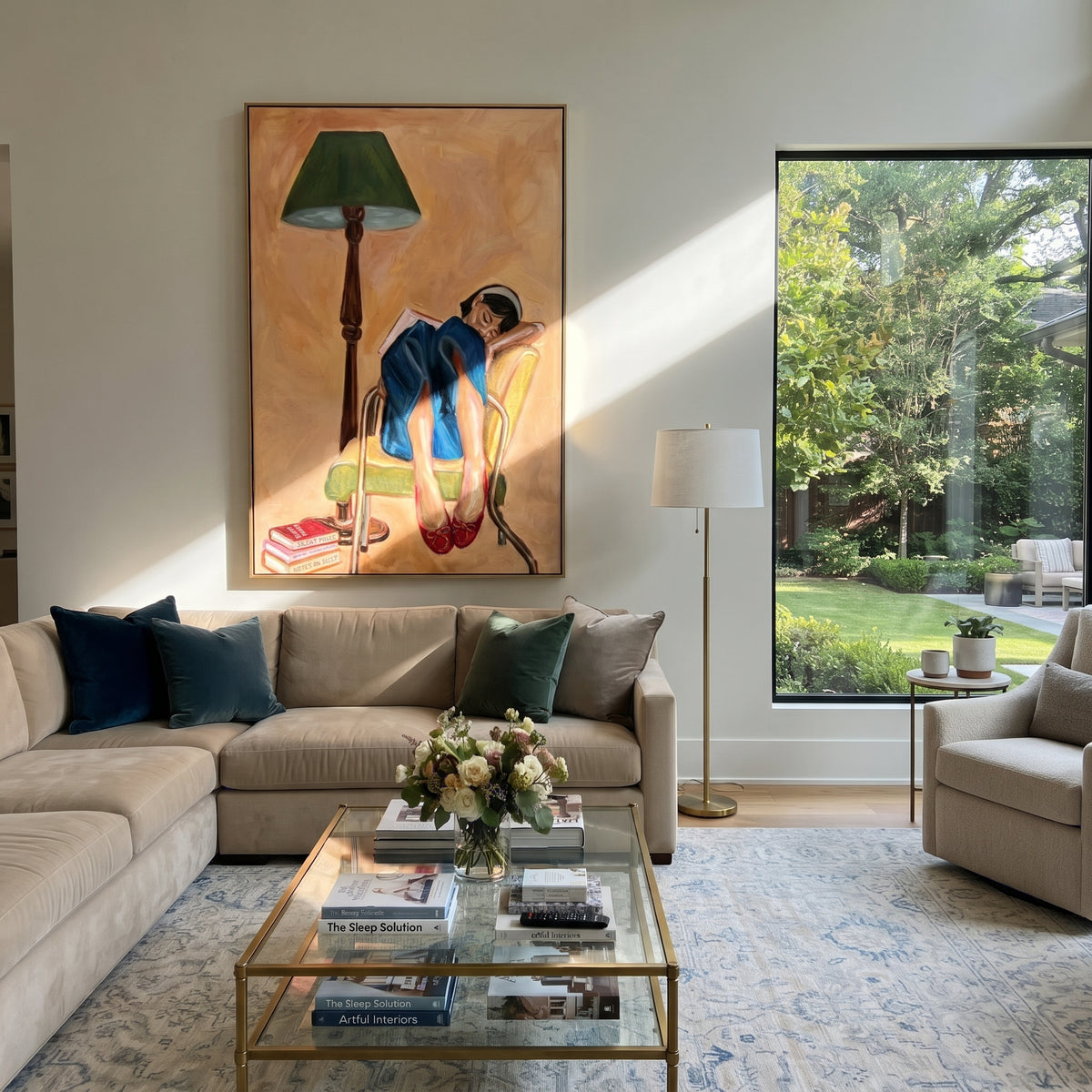 Lamp Watches Her Bend styled with neutral modern furnishings
