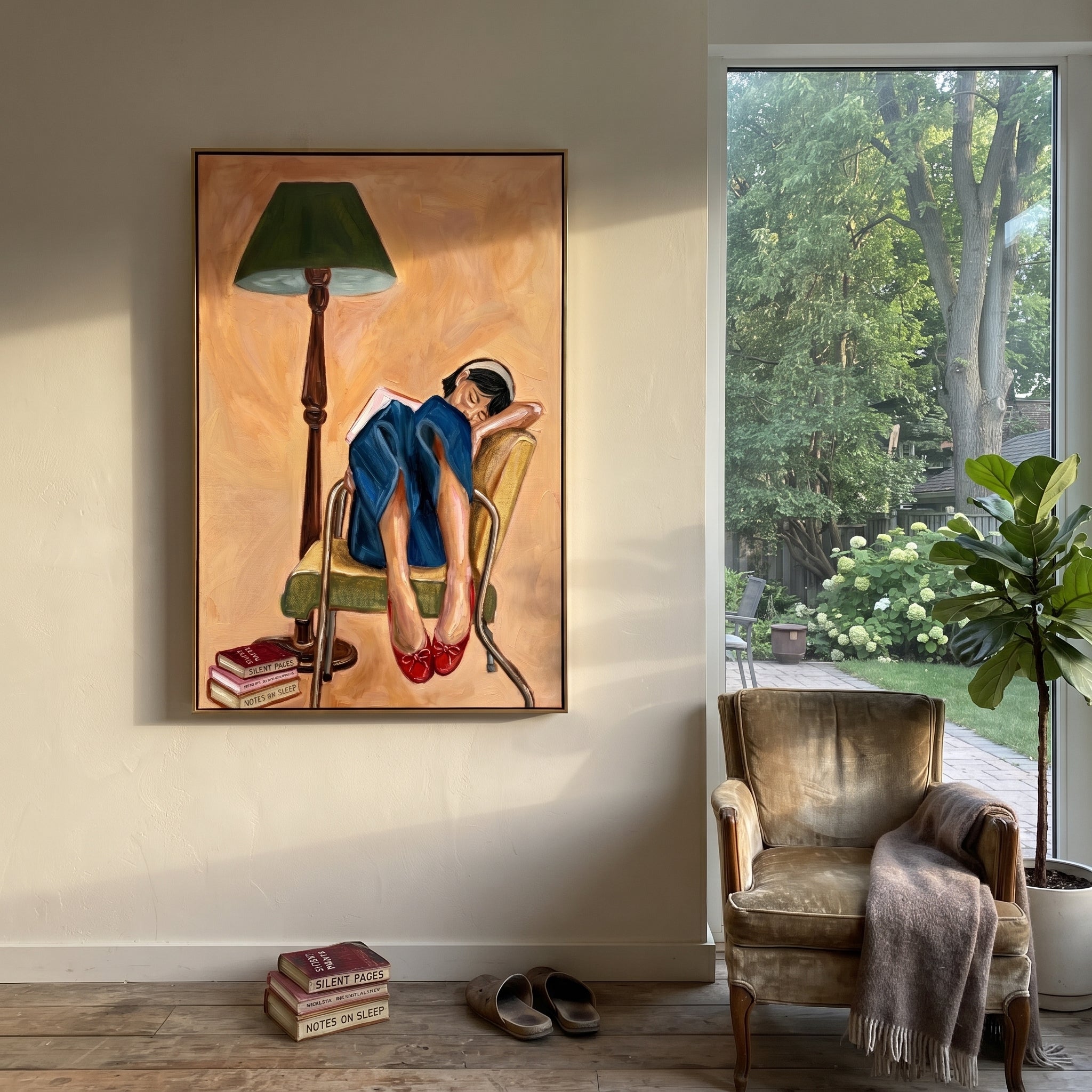 Lamp Watches Her Bend presented above a contemporary console