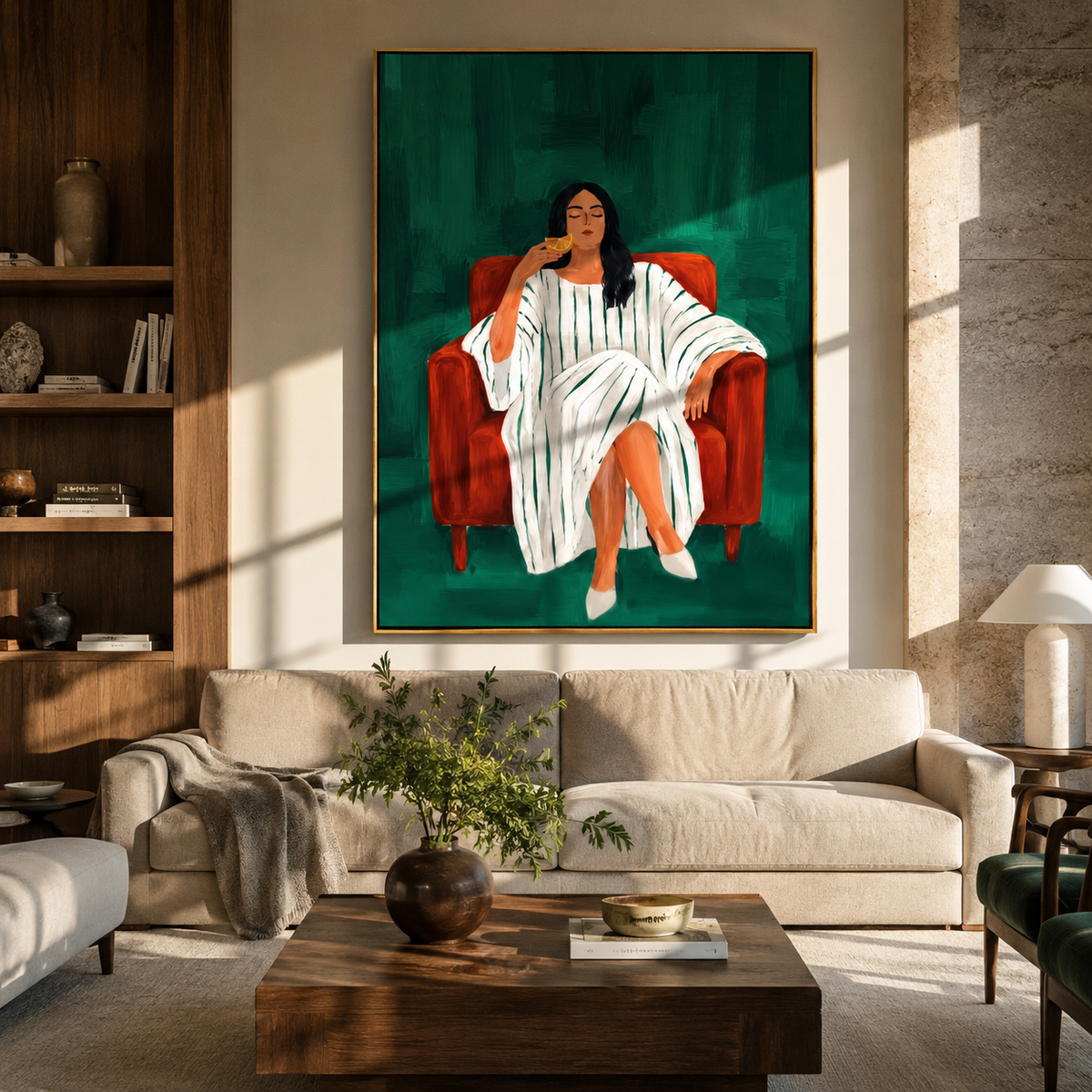 Orange Scarf Holds Calm displayed in a warm contemporary interior