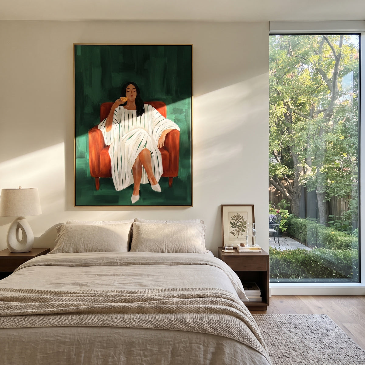 Orange Scarf Holds Calm presented above a contemporary console