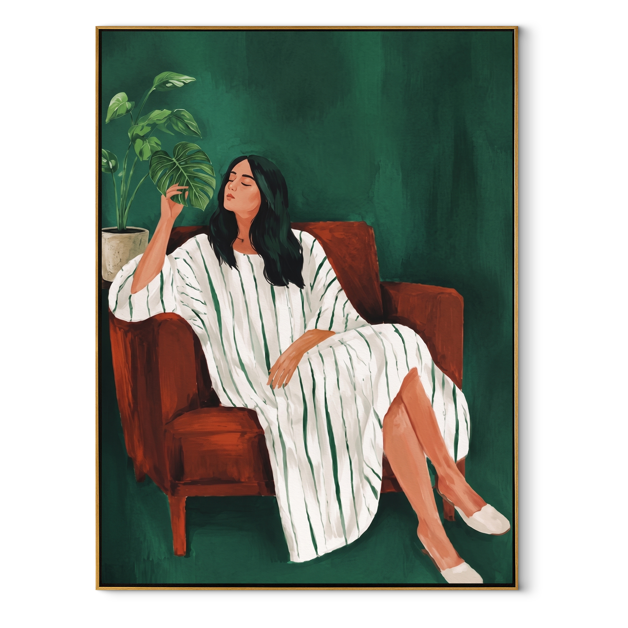 Green Afternoon Keeps Tea textured figurative painting, vertical canvas artwork