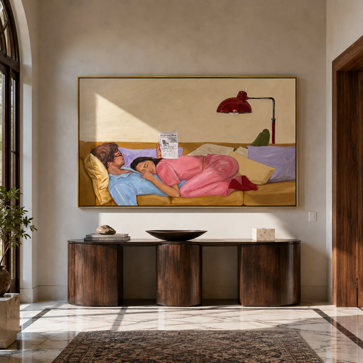 Pink Dress Keeps Company presented above a contemporary console