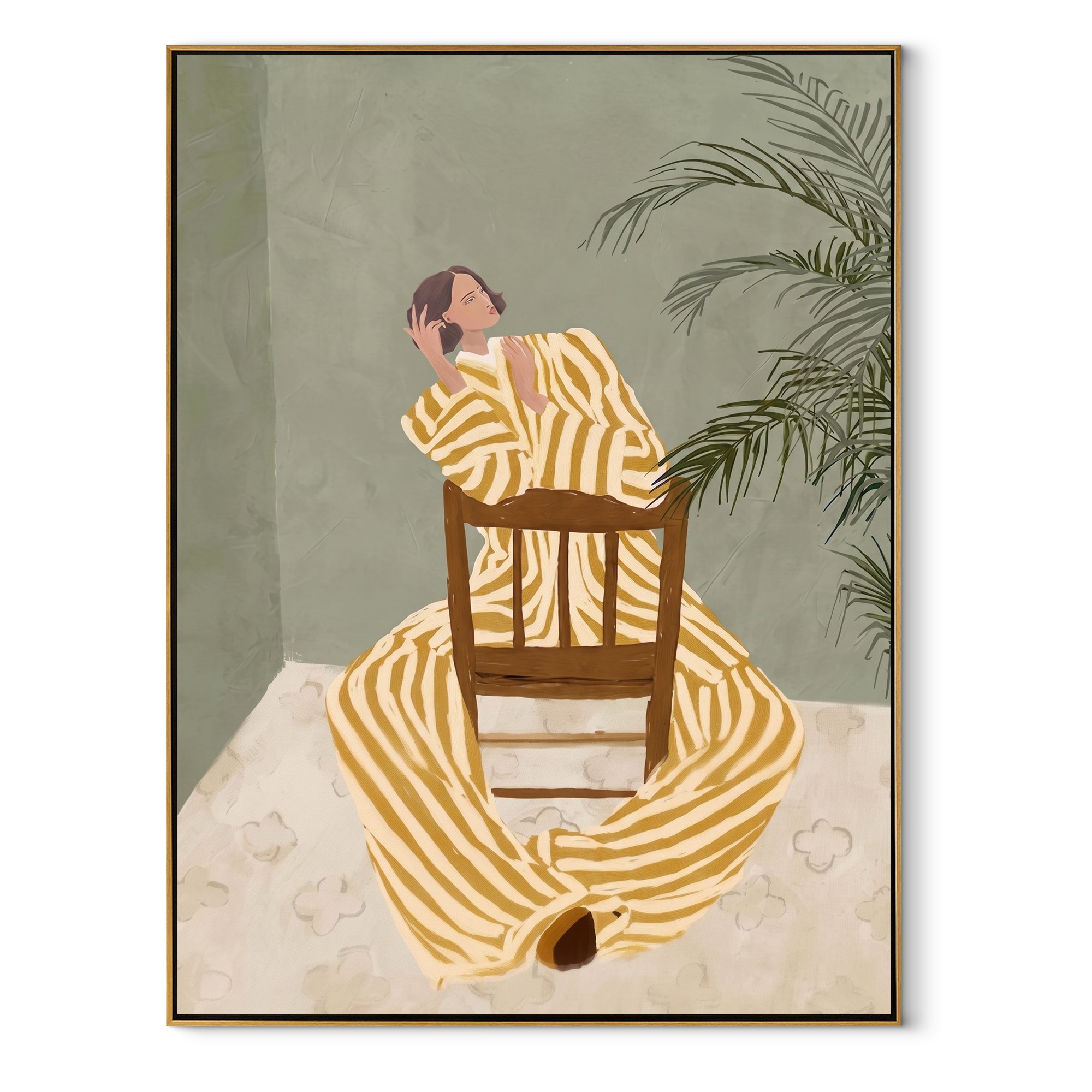 Striped Cup Greets Leaves textured figurative painting, vertical canvas artwork