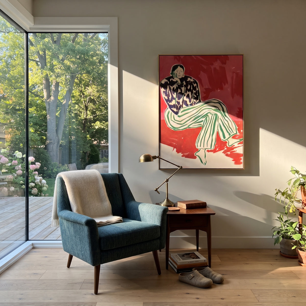 Checks Gather Around Her styled with neutral modern furnishings
