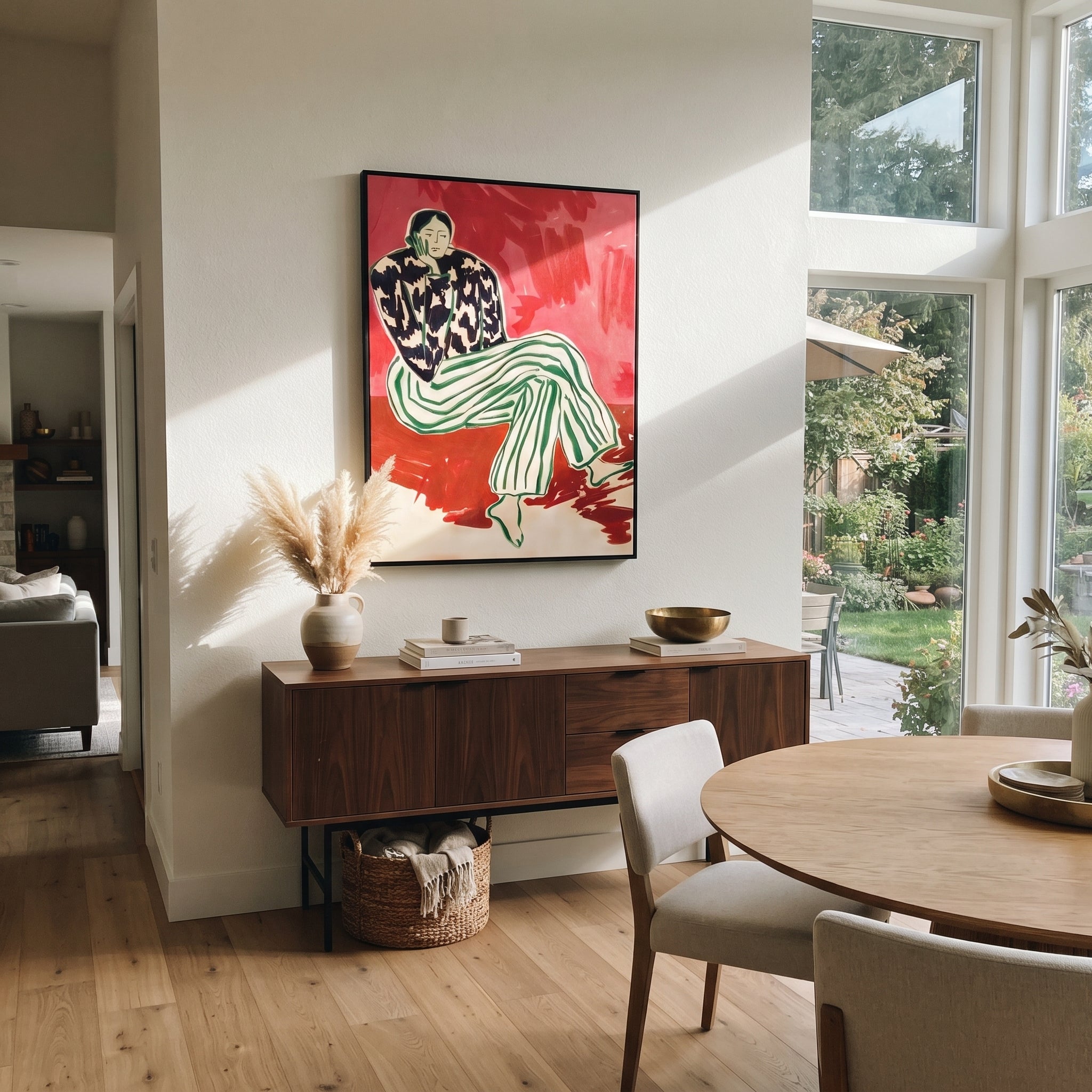 Checks Gather Around Her presented above a contemporary console