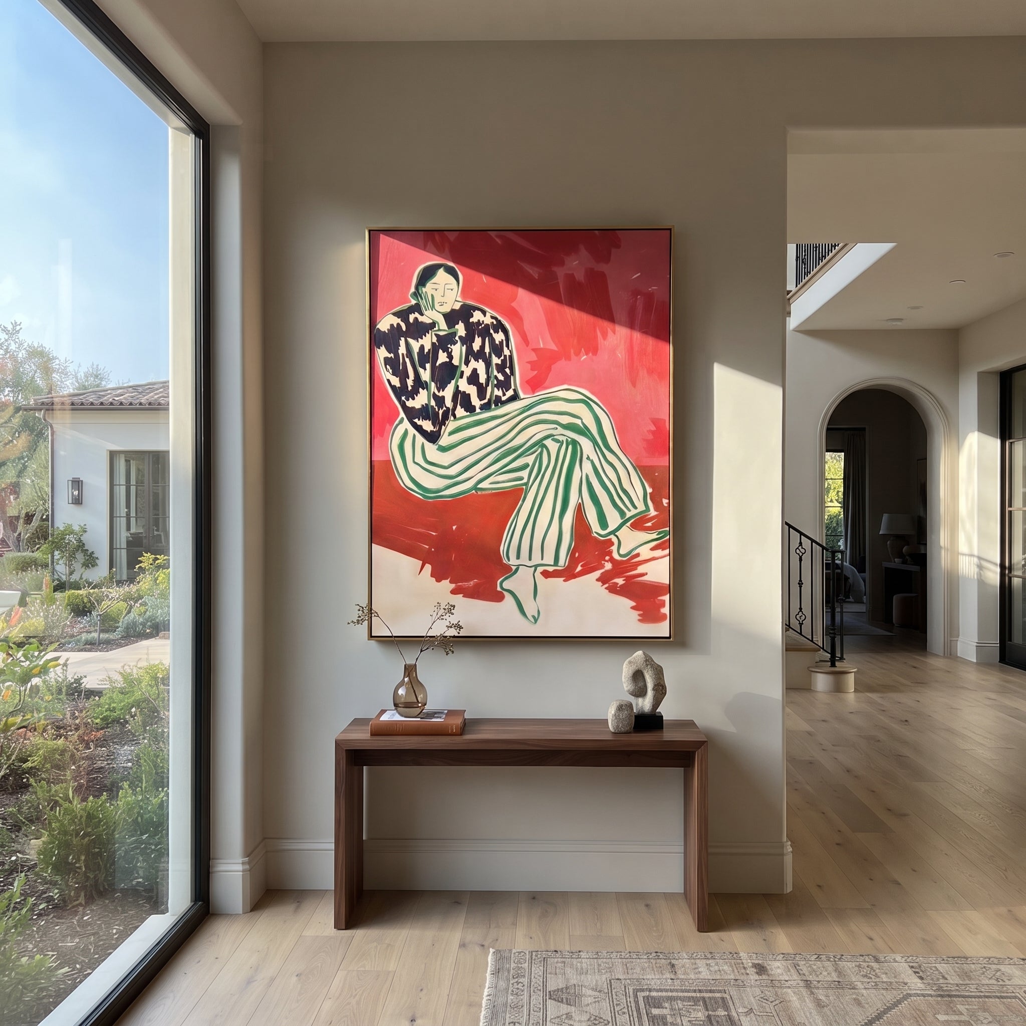 Checks Gather Around Her displayed as a Retro Modern room focal point