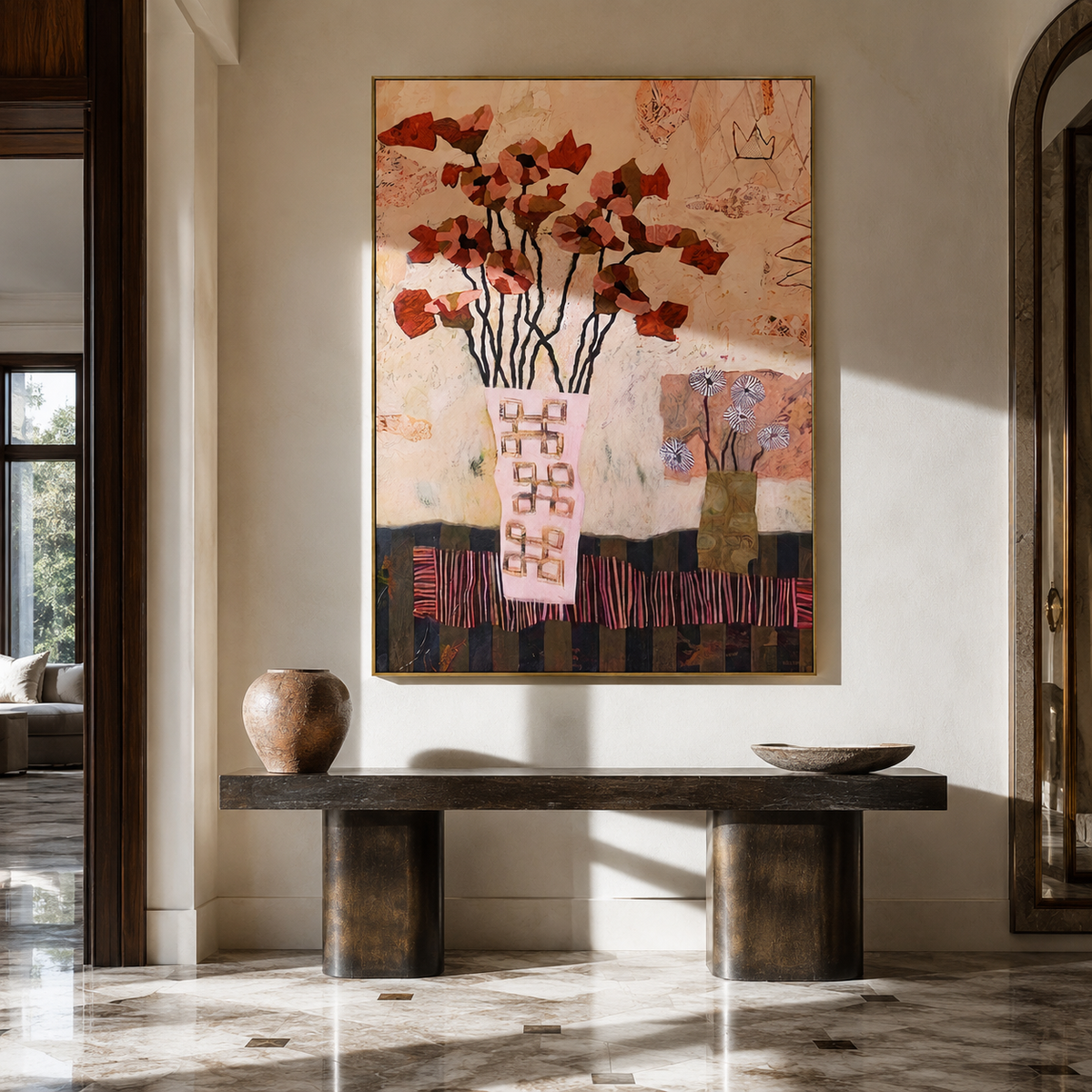 Orange Blossoms Fill Blocks styled with neutral modern furnishings