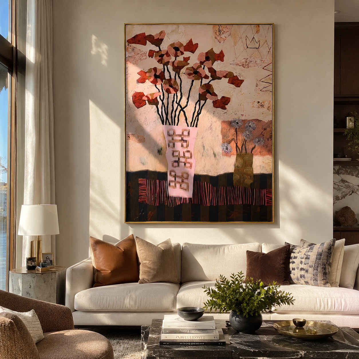 Orange Blossoms Fill Blocks displayed as a Retro Modern room focal point