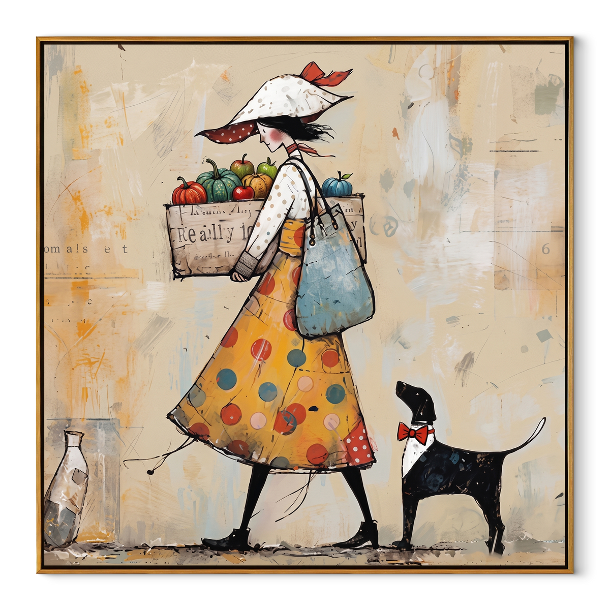 Market Bags Follow Her textured figurative painting, square canvas artwork