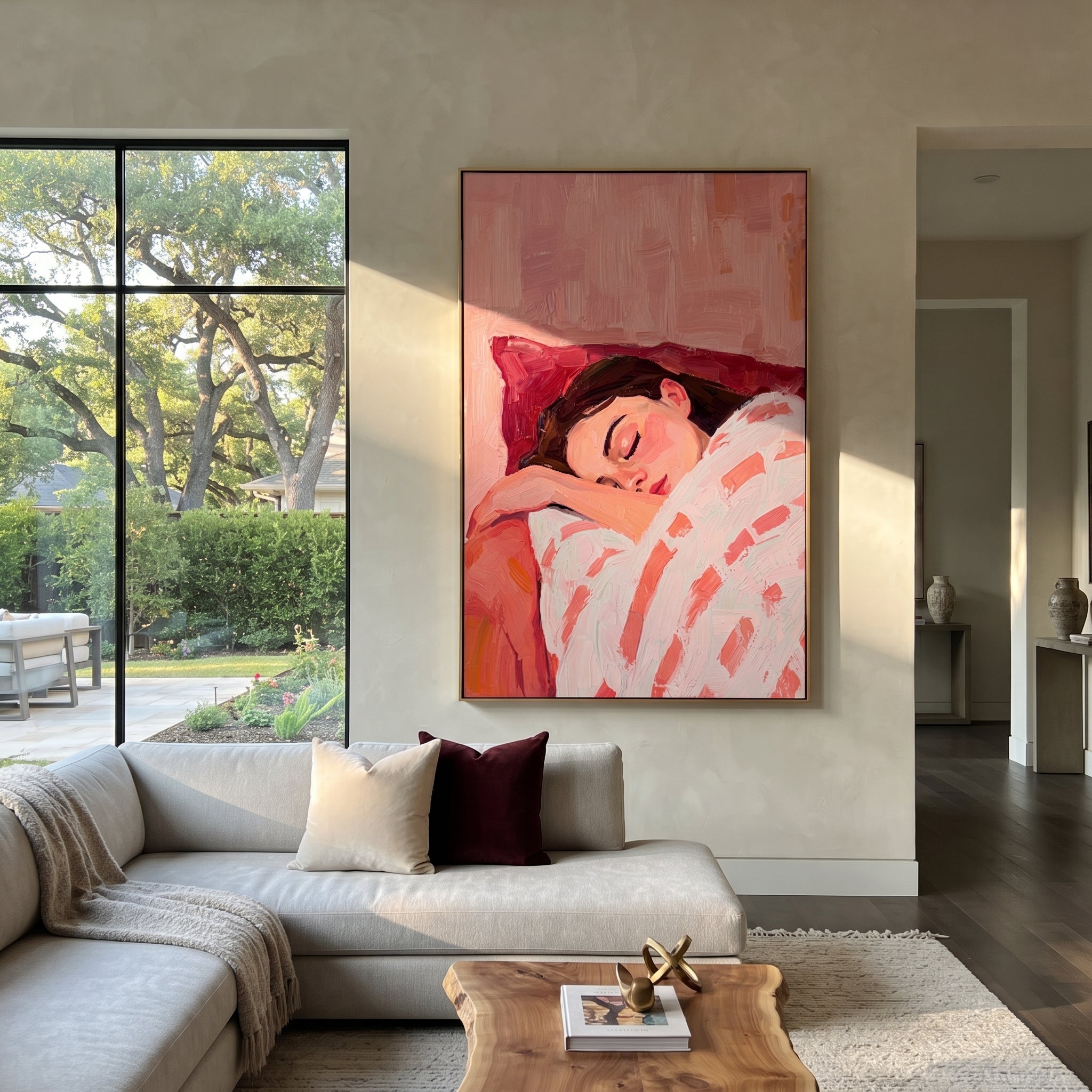 Striped Sleeves Hold Sleep presented above a contemporary console