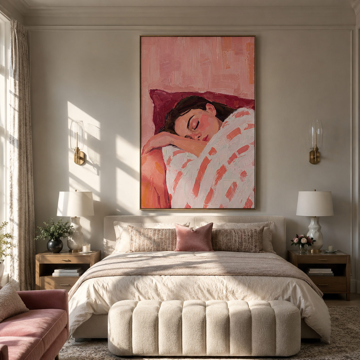 Striped Sleeves Hold Sleep displayed as a Retro Modern room focal point