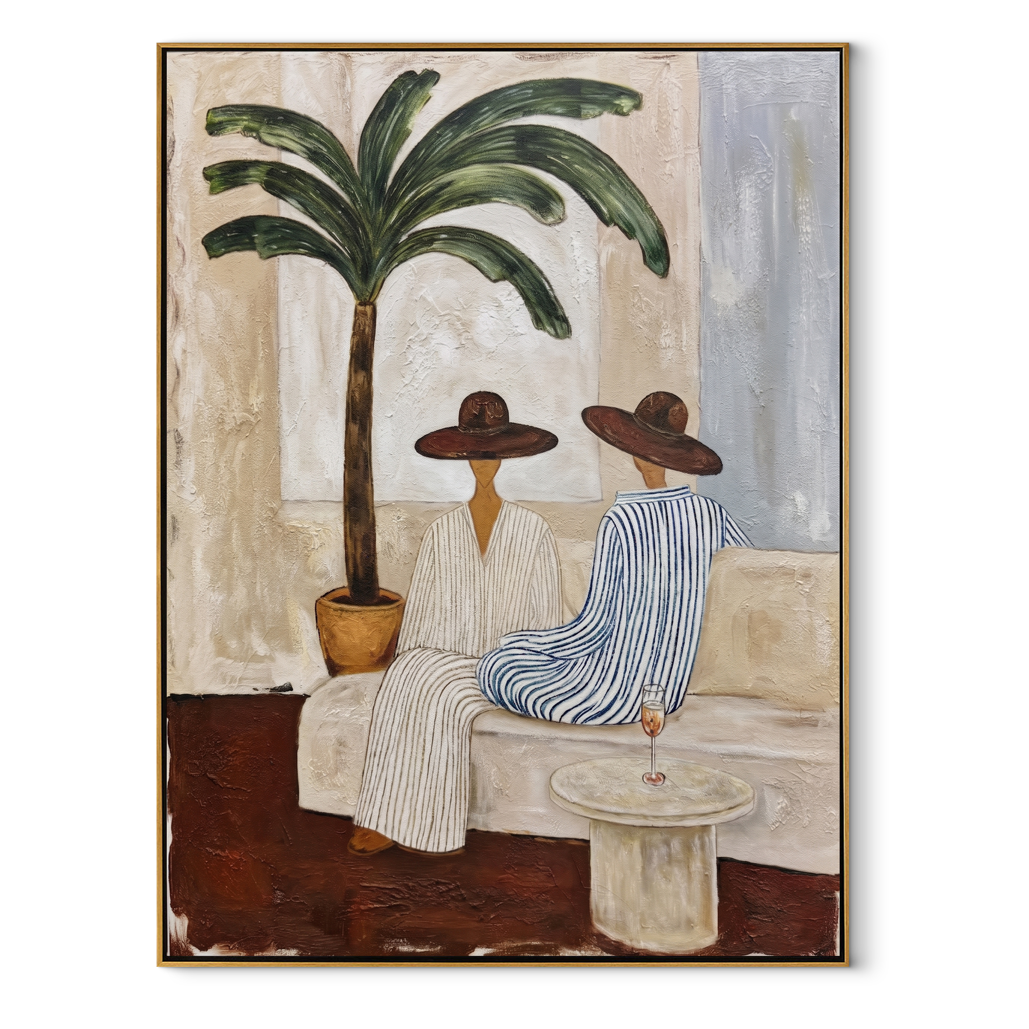 Palm Shadows Frame Supper textured figurative painting, vertical canvas artwork