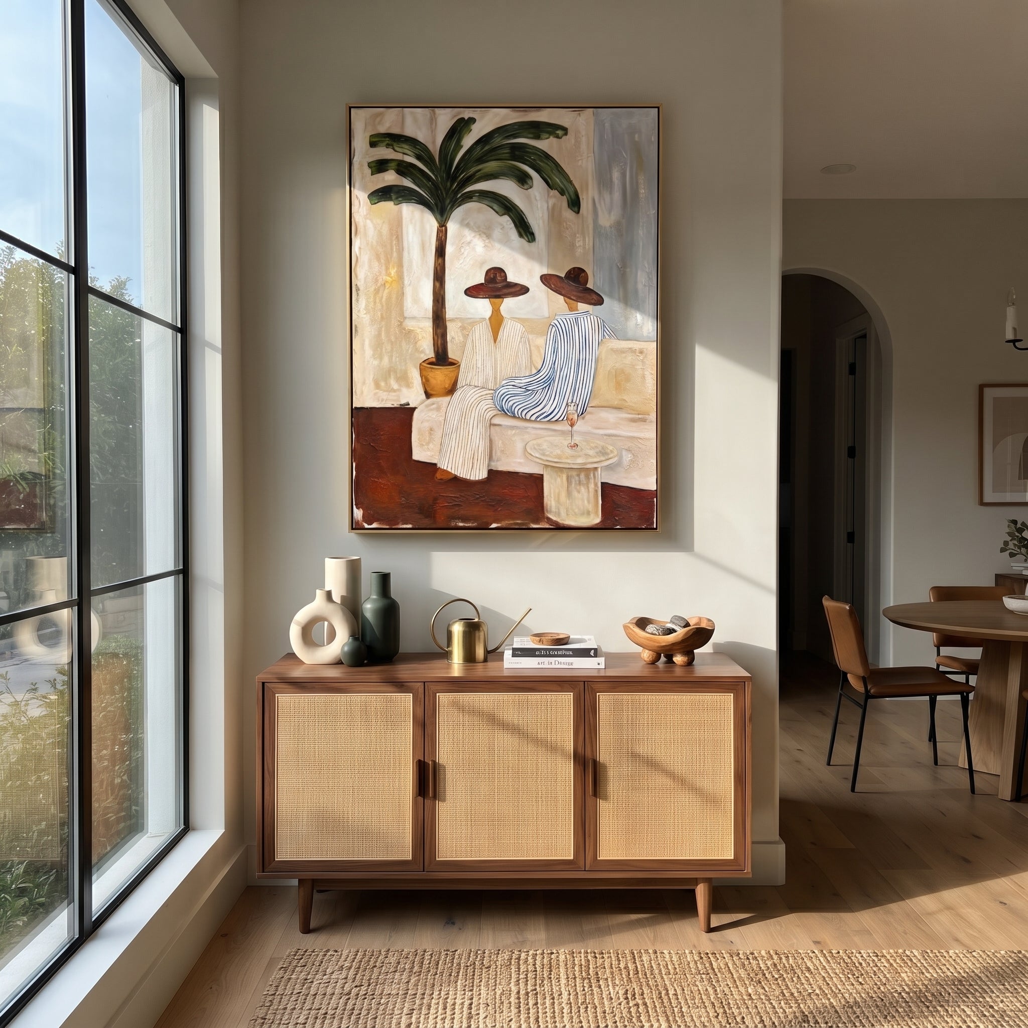 Palm Shadows Frame Supper styled with neutral modern furnishings