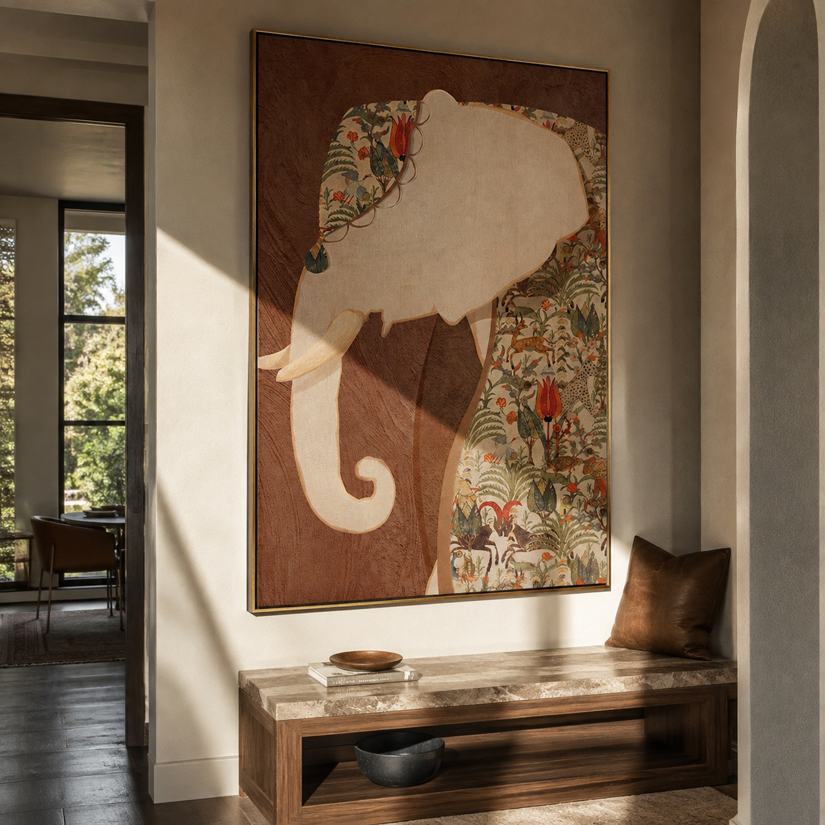 Elephant Carries Painted Garden displayed in a warm contemporary interior